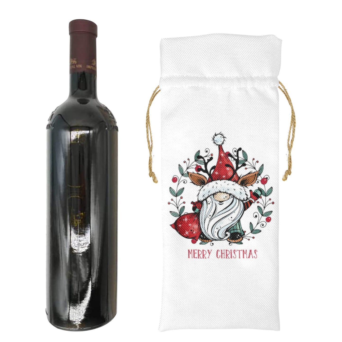 Merry Christmas Whimsical Santa Linen Wine Bottle Bag