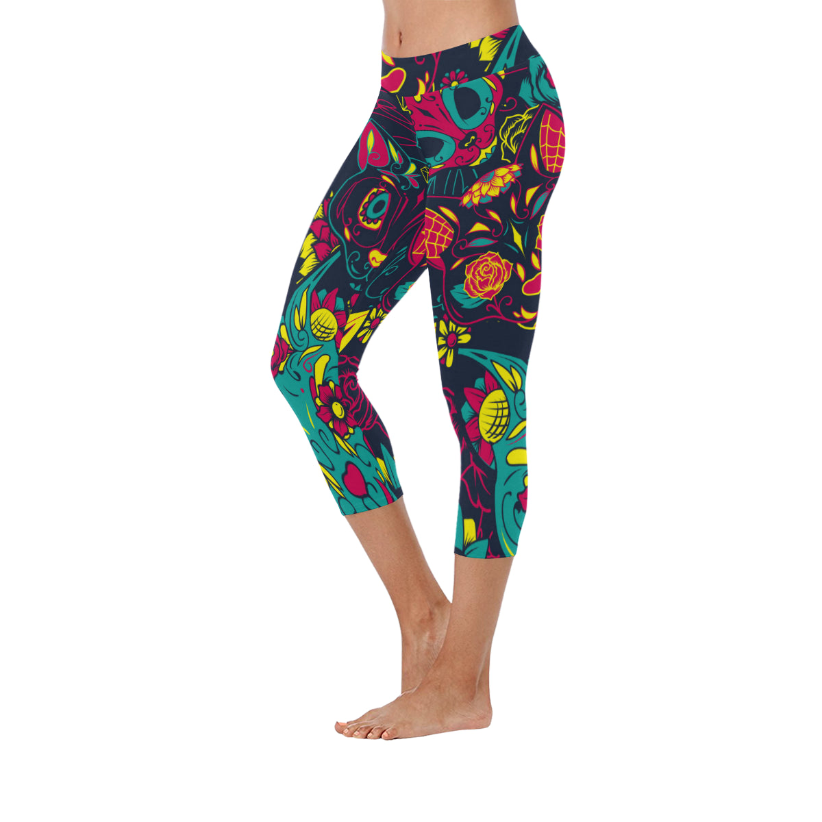 Day of the Dead Colourful Sugar Cat Skull Women's Low Rise Capri Leggings (Invisible Stitch)