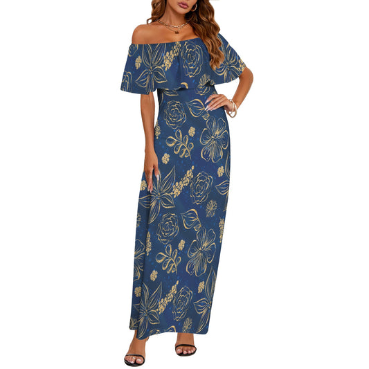 Blue & Gold Women's Off Shoulder Ruffle Boat Neck Dress (Model D71)