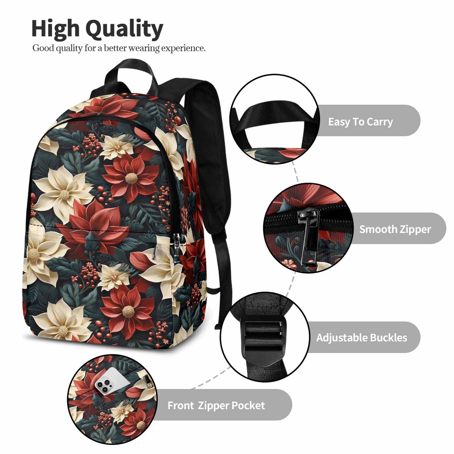 Red Poinsettia Adult Casual Backpack