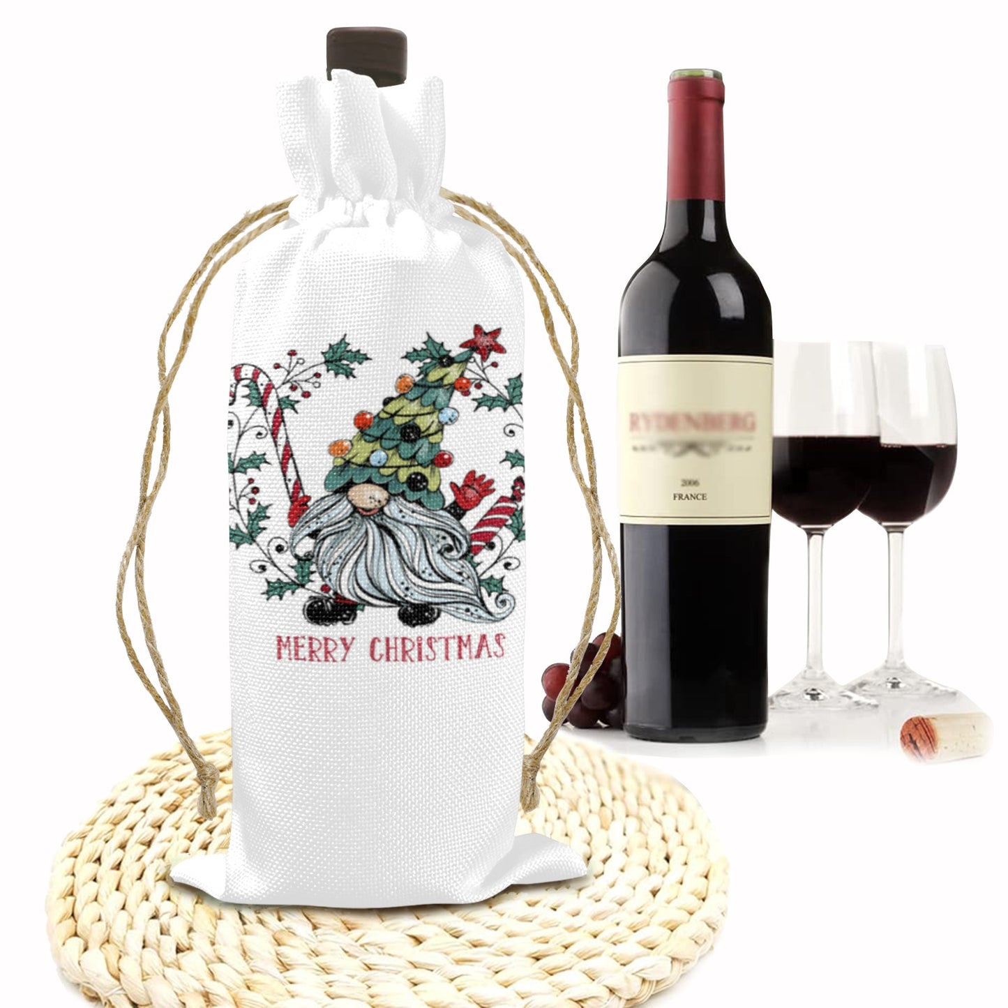 Merry Christmas Whimsical Santa Linen Wine Bottle Bag