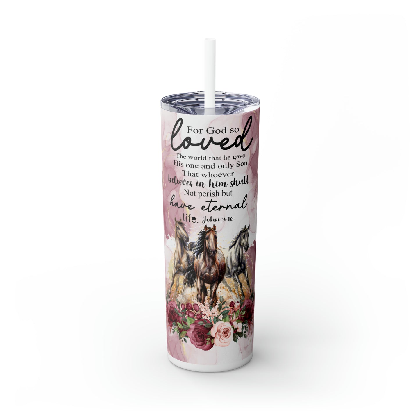 Skinny Tumbler with Straw, 20oz, Horses, Bible Quote, awd-1349