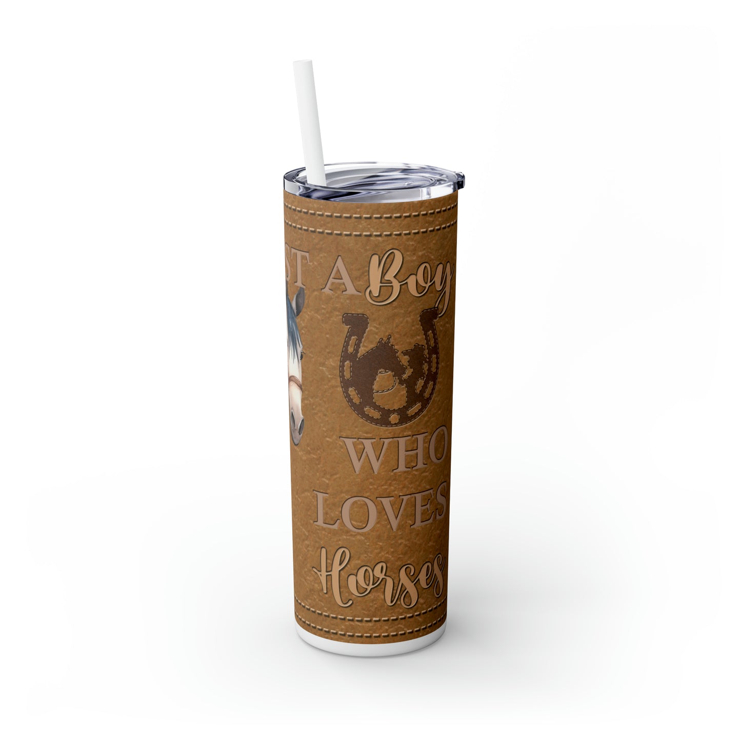 Skinny Tumbler with Straw, 20oz, Personalised, Horse and Boy, Western, Just a Boy Who Loves Horses