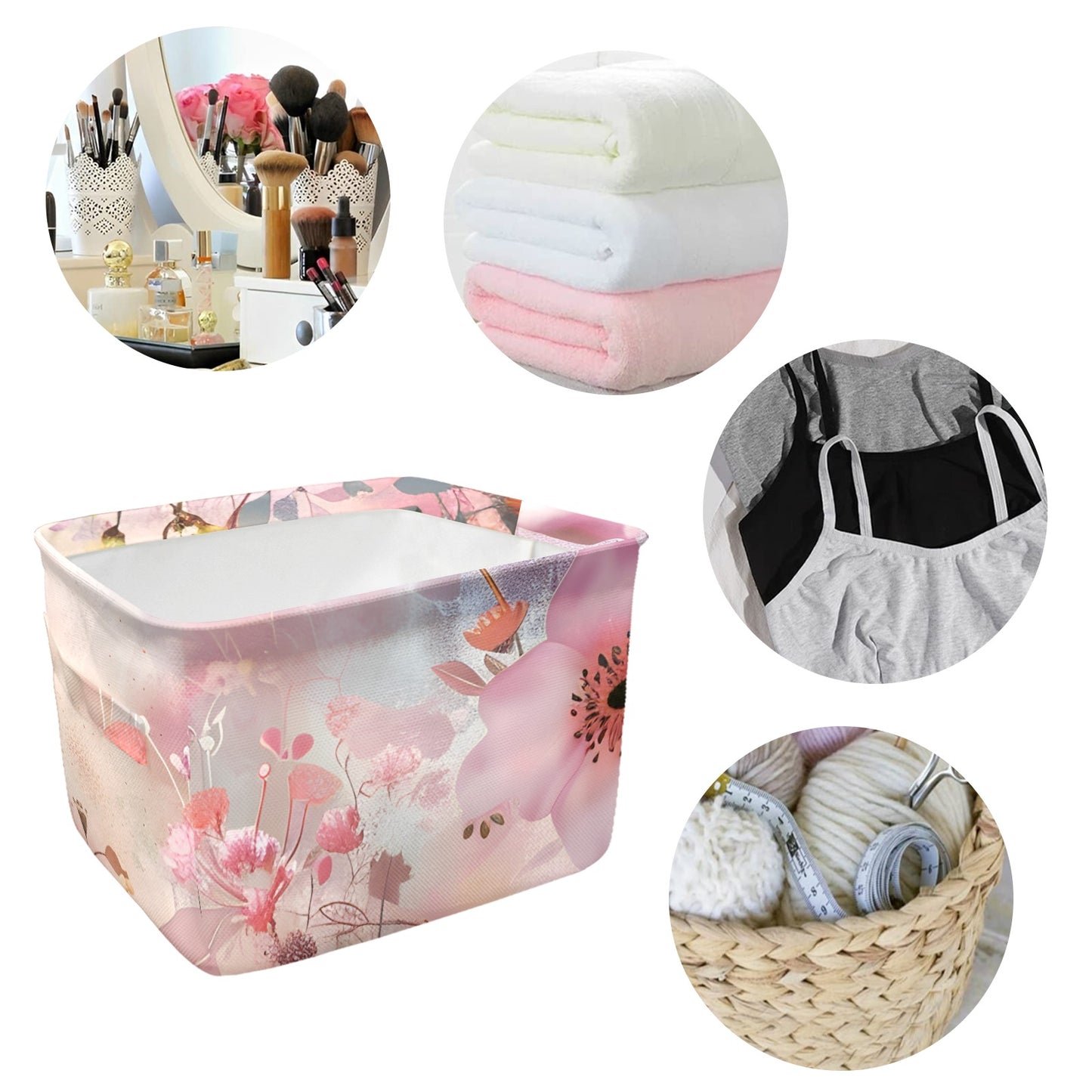 Pink Floral Fabric Storage Basket