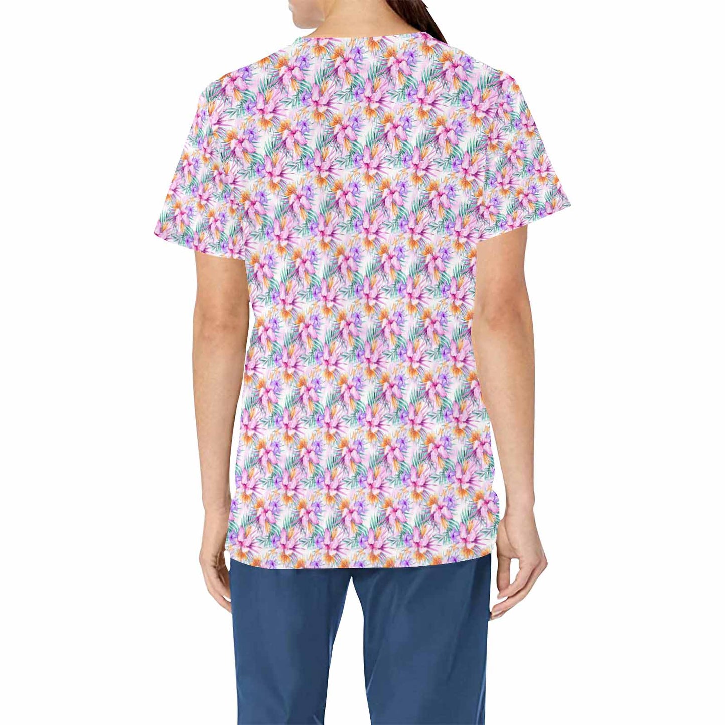 Purple Hibiscus and Leaves  Women's V Neck Scrub Top Nurse Uniform with Deep Front Pockets