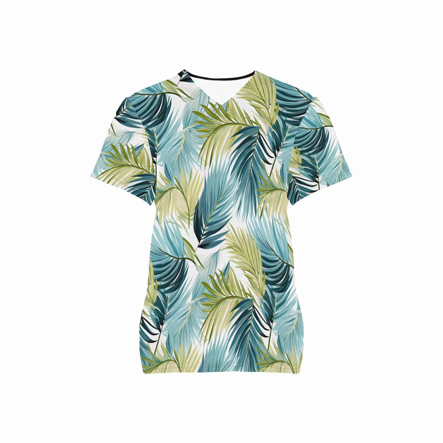 Tropical Palm Leaves Blue and Green  Women's V Neck Scrub Top Nurse Uniform with Deep Front Pockets