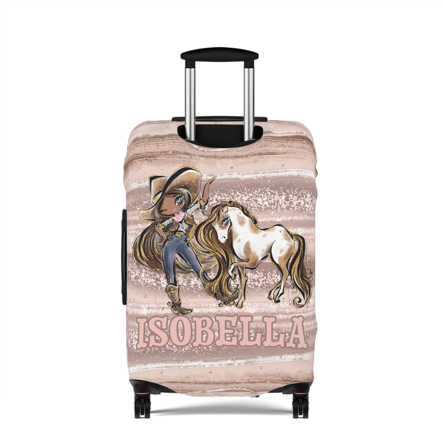 Luggage Cover, Howdy Cowgirl and Horse, Brunette Hair Olive Skin Blue Eyes