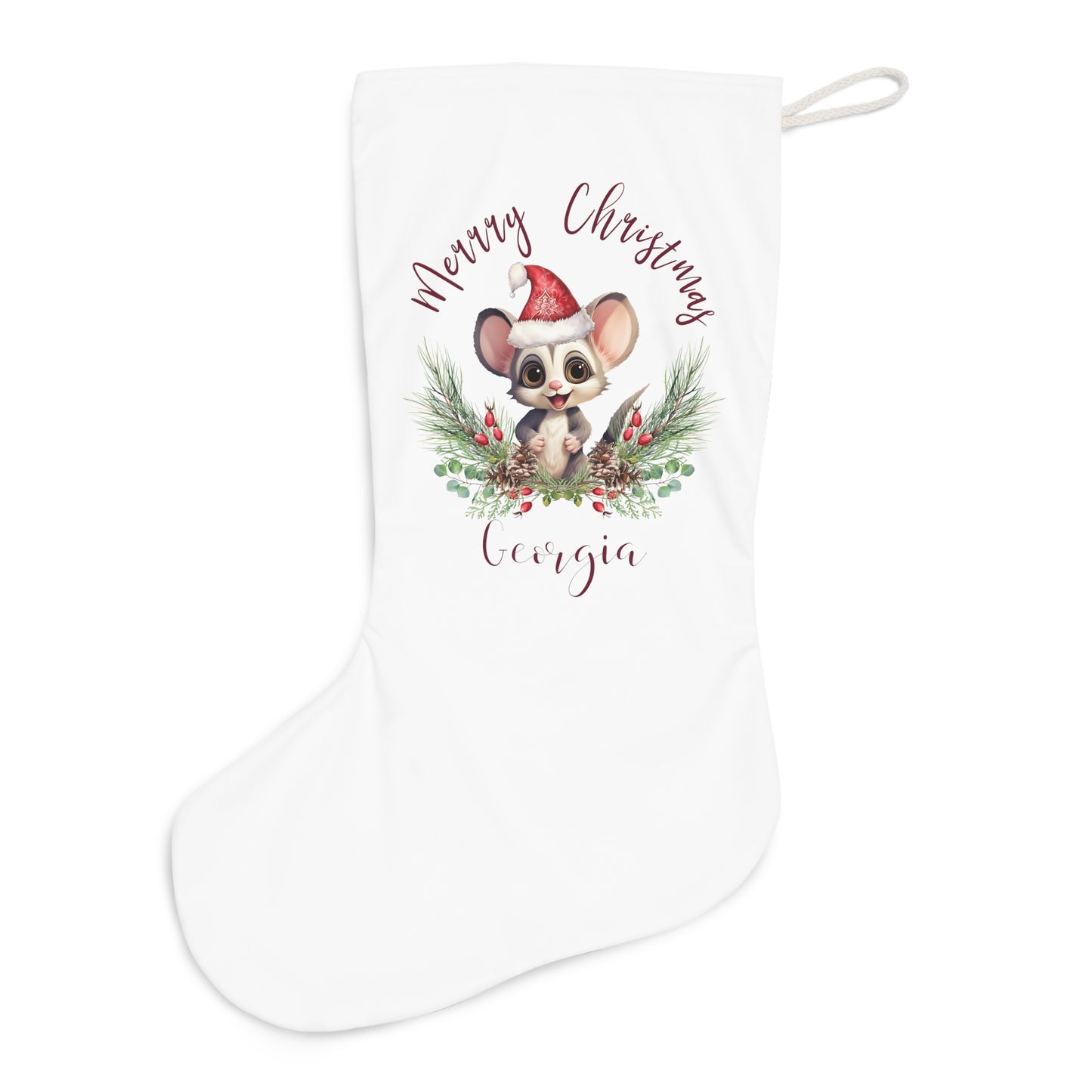 Personalised Santa Stocking, Australian Animals Poinsettia, Sugar Glider