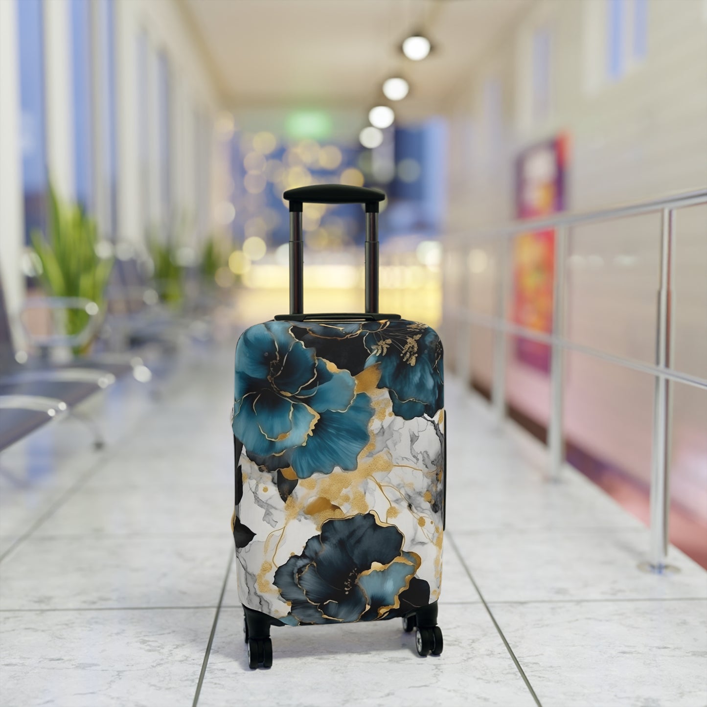 Luggage Cover, Alcohol Ink Black, Blue and Gold Floral