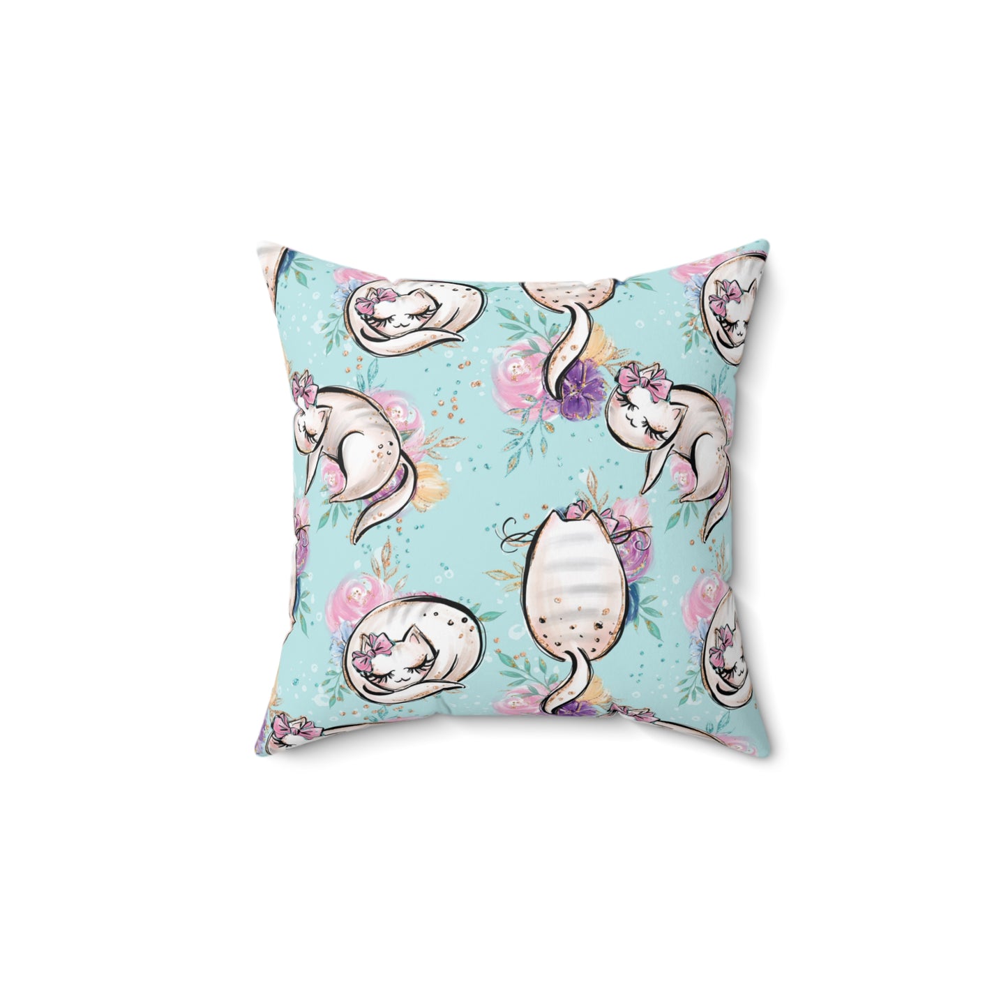 Spun Polyester Square Pillow, Cats Floral Cushion