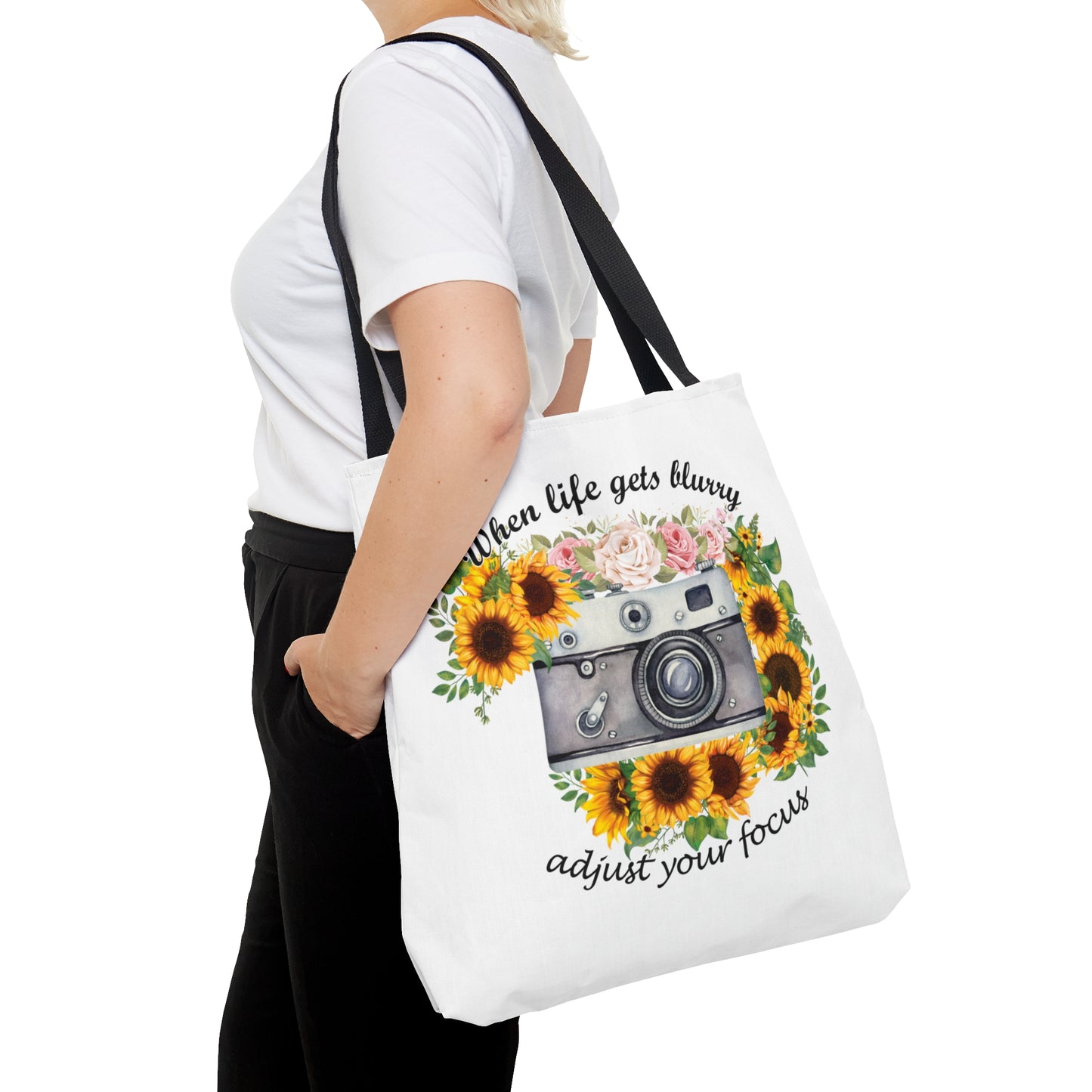 Personalised/Non-Personalised Tote Bag, Sunflower, Camera, When Life gets Blurry adjust your Focus, Tote bag