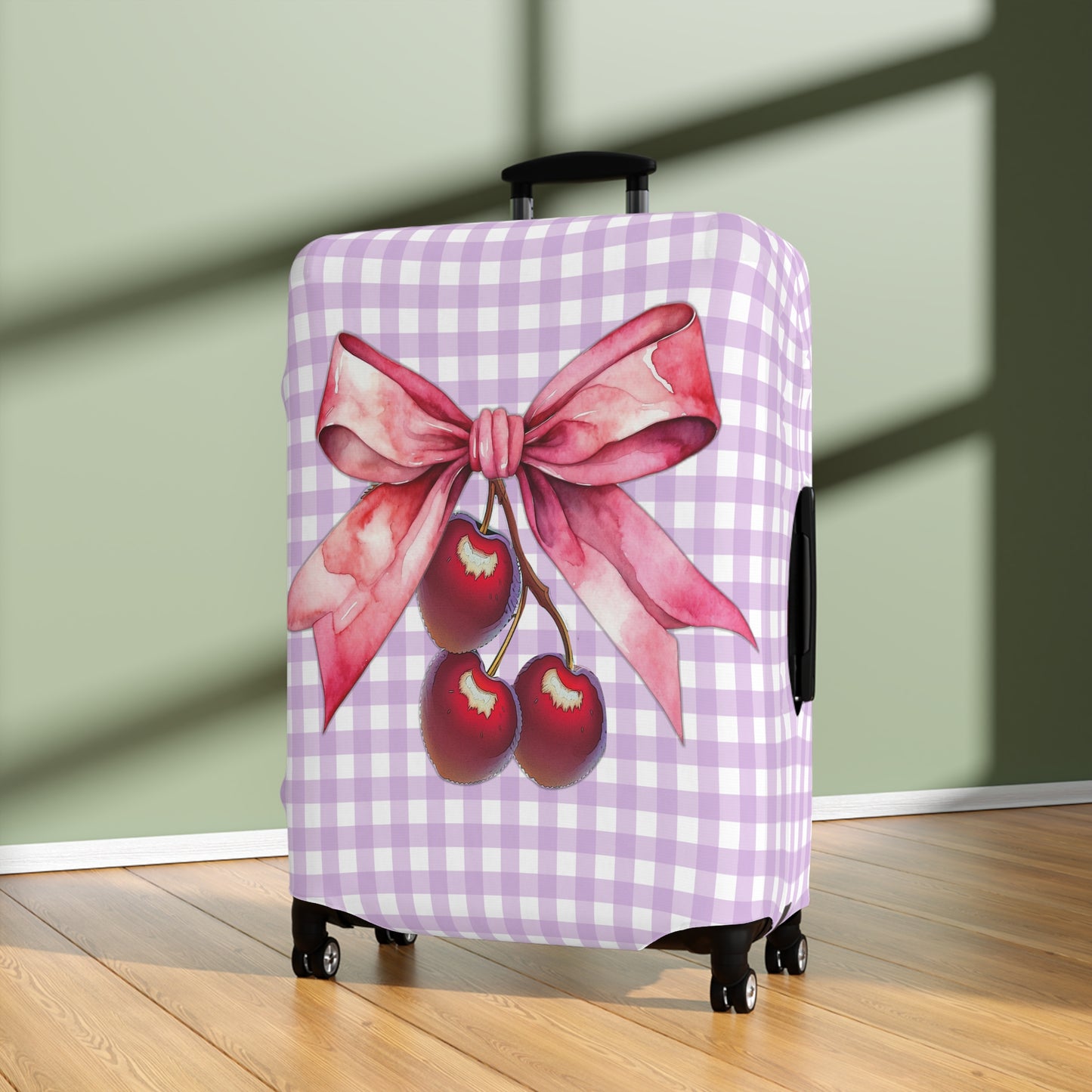 Luggage Cover, Rockabilly, Coquette, Pastel Dark Purple Gingham, Cherries and Ribbon, awd-2515