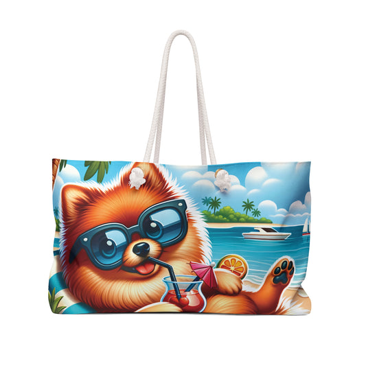 Personalised/Non-Personalised Weekender Bag, Summer Beach Dog, Pomeranian, Large Weekender Bag, Beach Bag, Book Bag