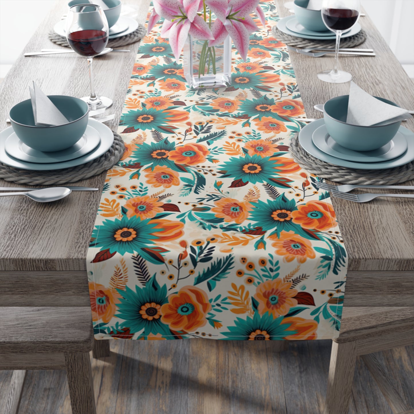 Boho Floral Table Runner, Cotton Twill and Poly Available