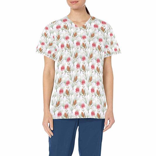 Australian Floral Protea Women's V Neck Scrub Top Nurse Uniform with Deep Front Pockets