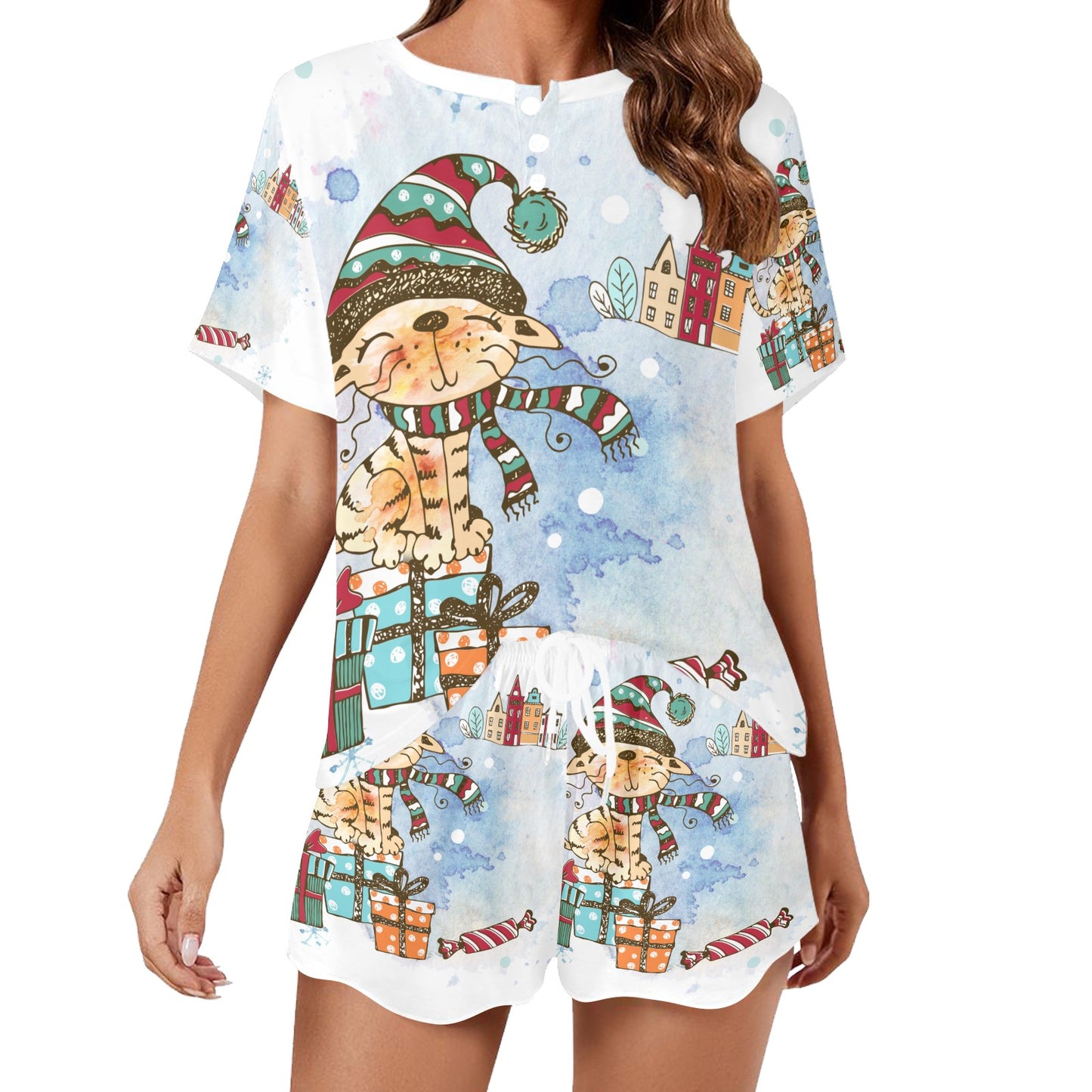 Whimsical Cat Matching Shirt and Short Christmas Sets