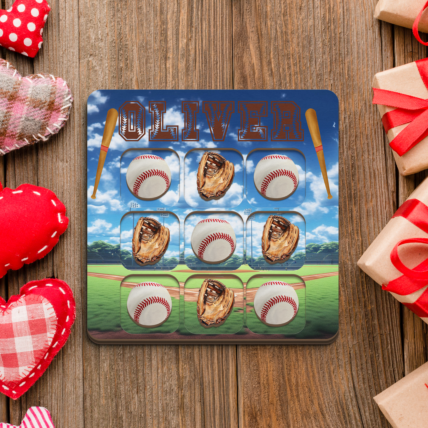 Personalised Wooden Tic Tac Toe Board – Personalised Baseball Theme, Playful & Stylish Décor