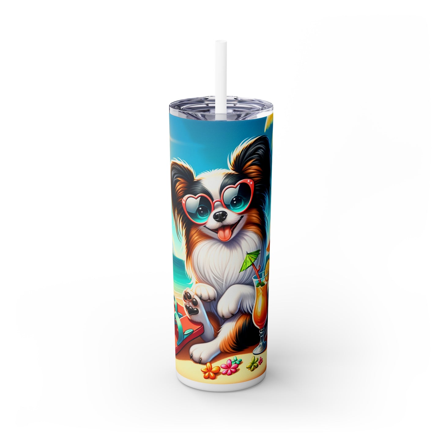 Skinny Tumbler with Straw, 20oz, Dog on Beach, Old Papillon, awd-1229