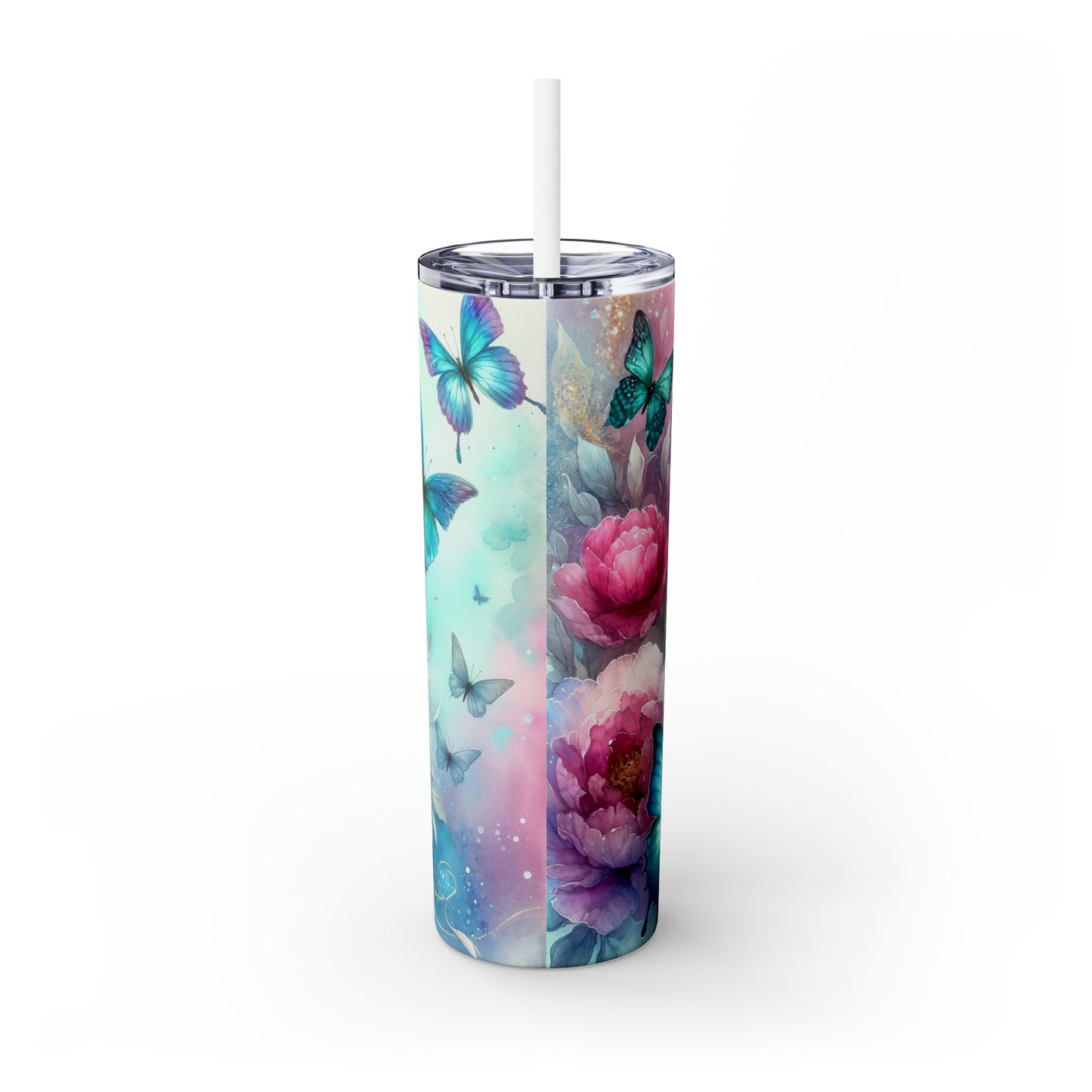 Skinny Tumbler with Straw, 20oz, Floral Butterflies, awd-332