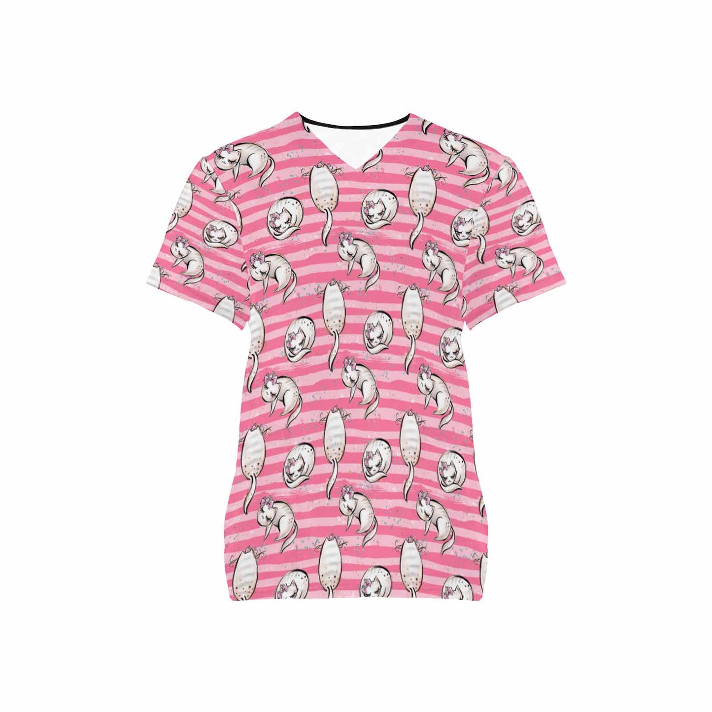 Pink Cats  Women's V Neck Scrub Top Nurse Uniform with Deep Front Pockets