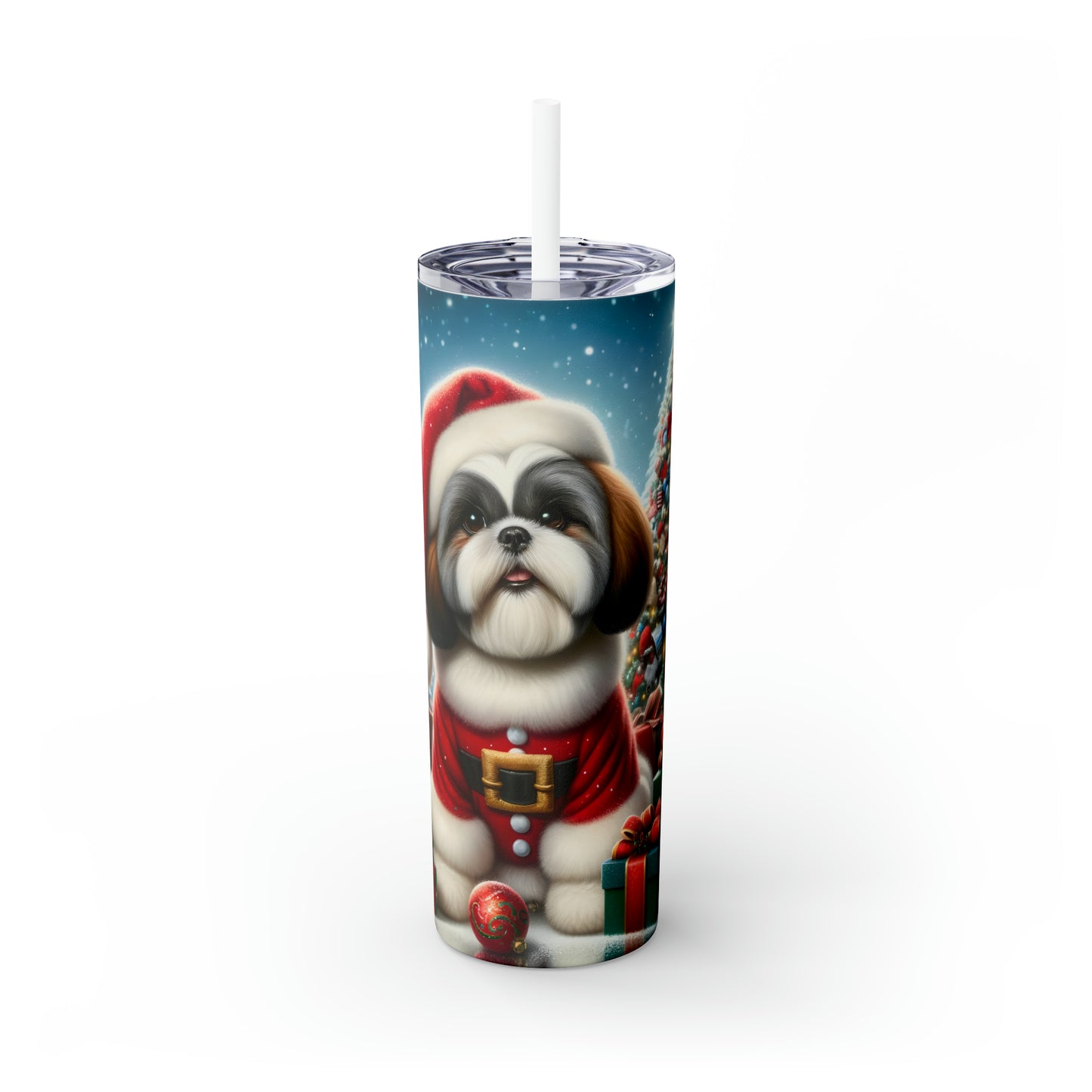 Skinny Tumbler with Straw, 20oz, Shih-Tzu Christmas