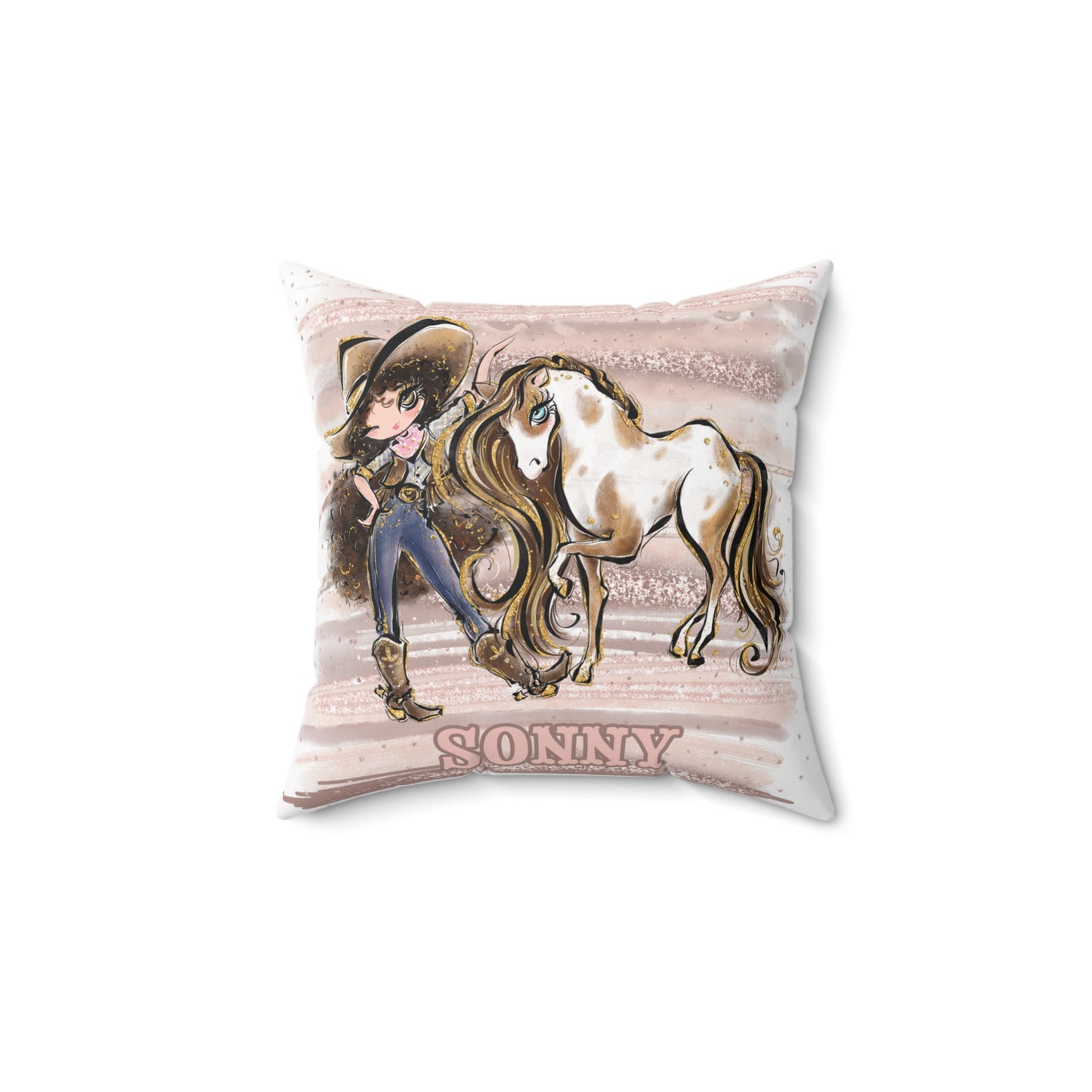 Personalised Cowgirl and Horse Cushion,  Brown Curly Hair, Brown Eyes, Polyester Square Cushion, Christmas cushion