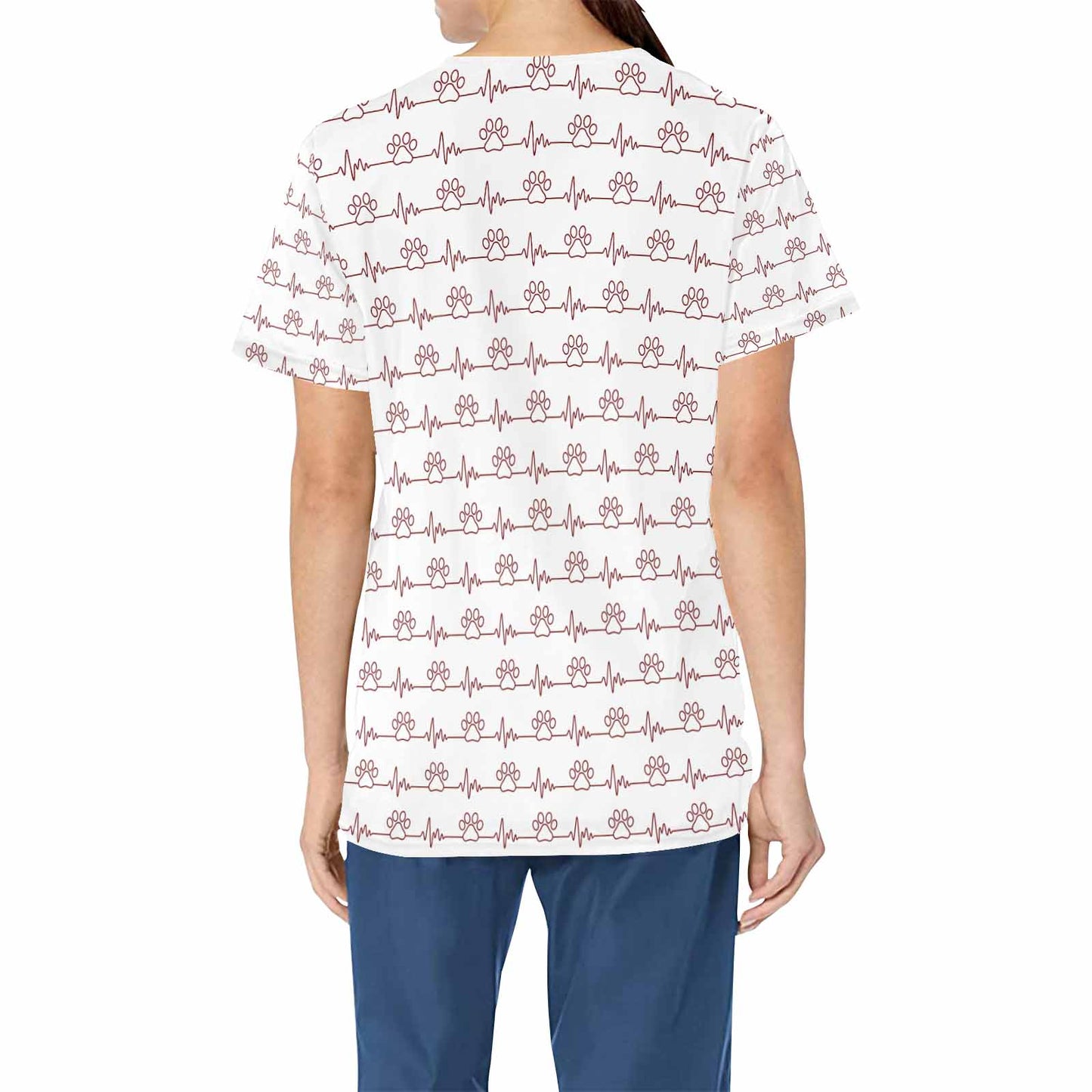 Red Paw Heart Beat  Women's V Neck Scrub Top Nurse Uniform with Deep Front Pockets