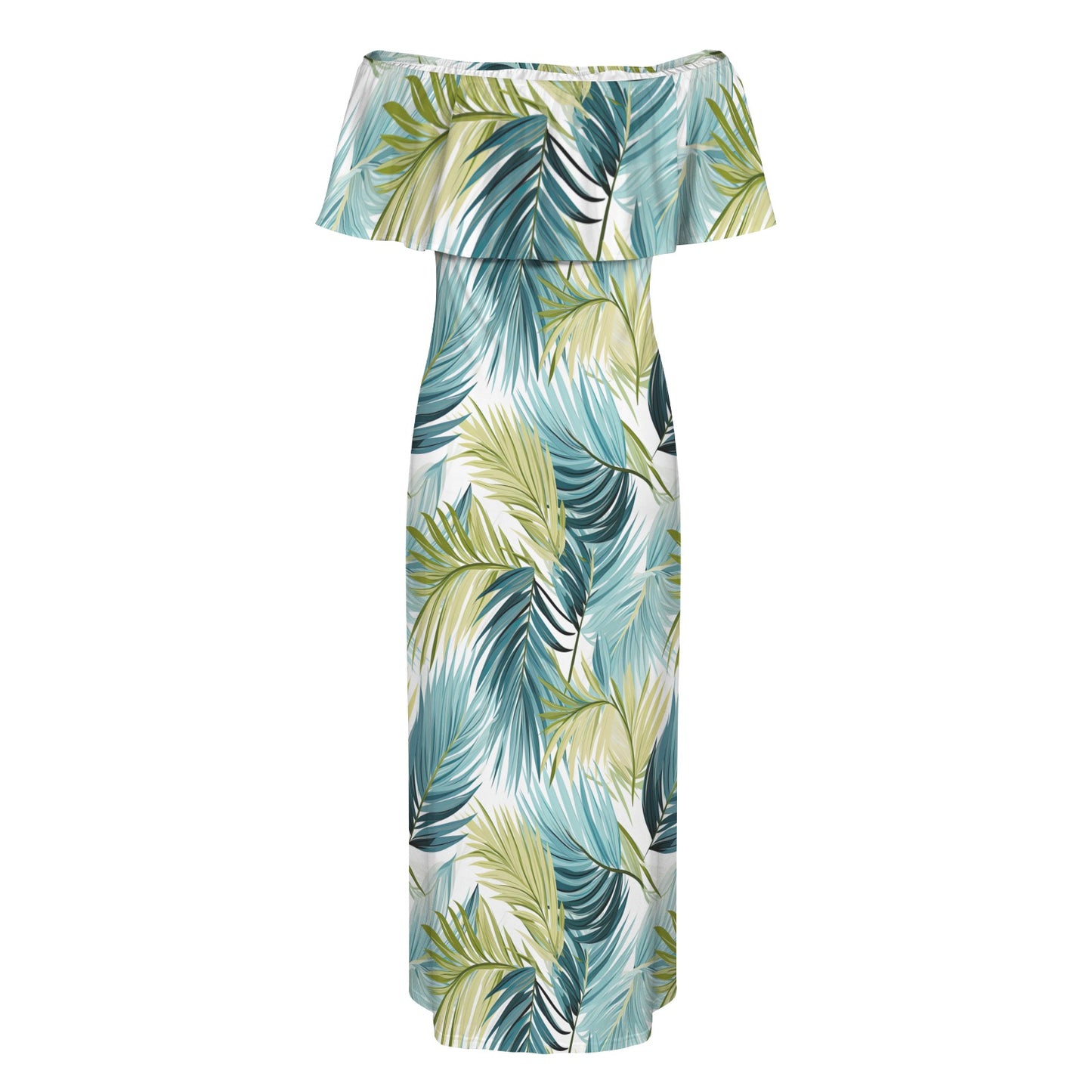 Palm Leaves Blue Green Women's Off Shoulder Ruffle Boat Neck Dress (Model D71)