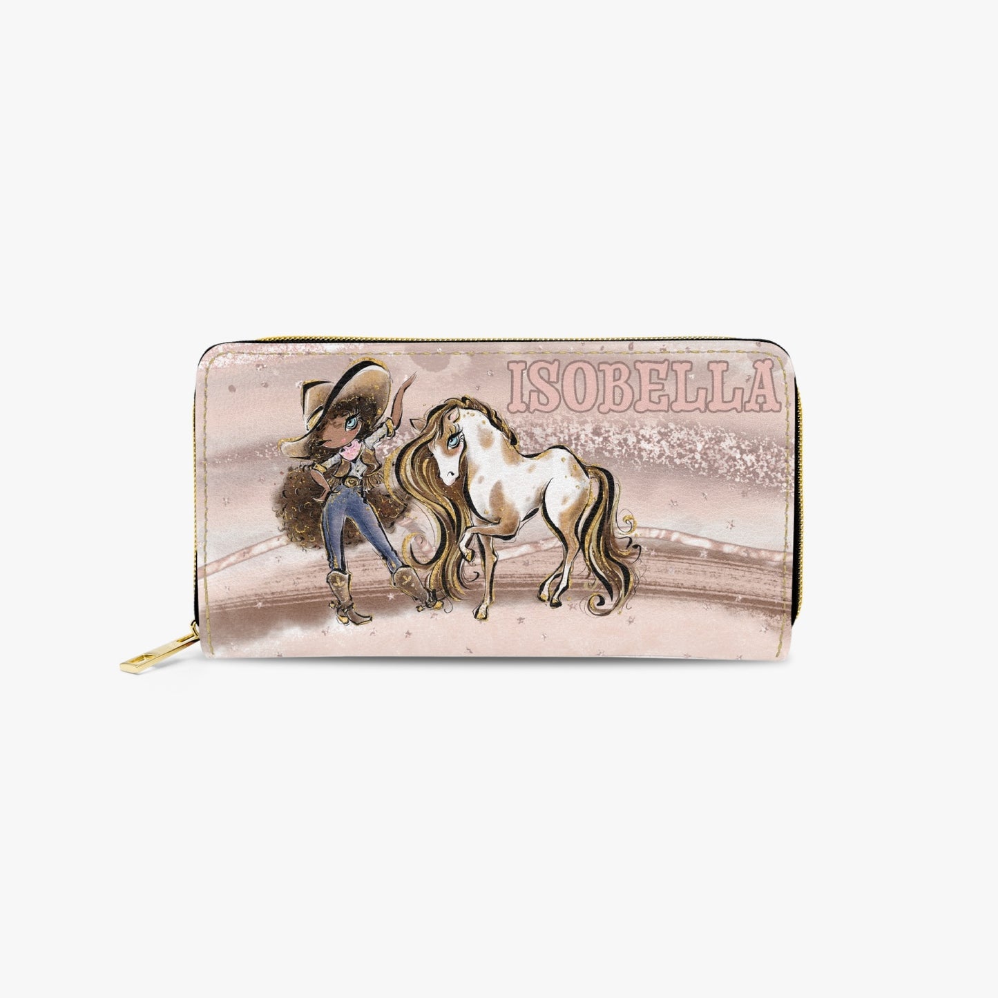 Long Type Zipper Purse, Howdy Cowgirl & Horse, Brunette Curly Hair Olive Skin Blue Eyes