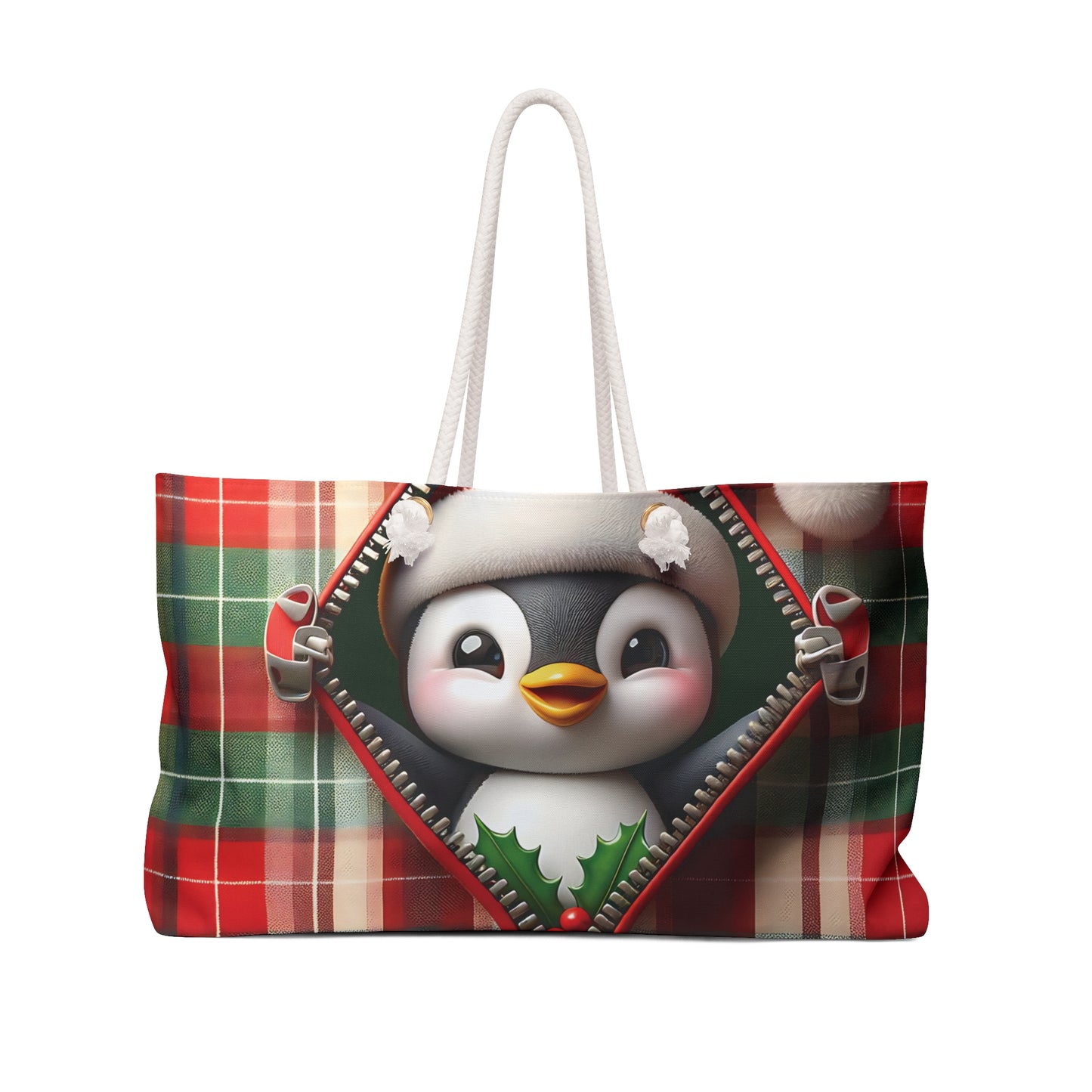 Personalised/Non-Personalised Weekender Bag, Cute Penguin, Christmas, Tartan, Large Weekender Bag, Beach Bag, Book Bag