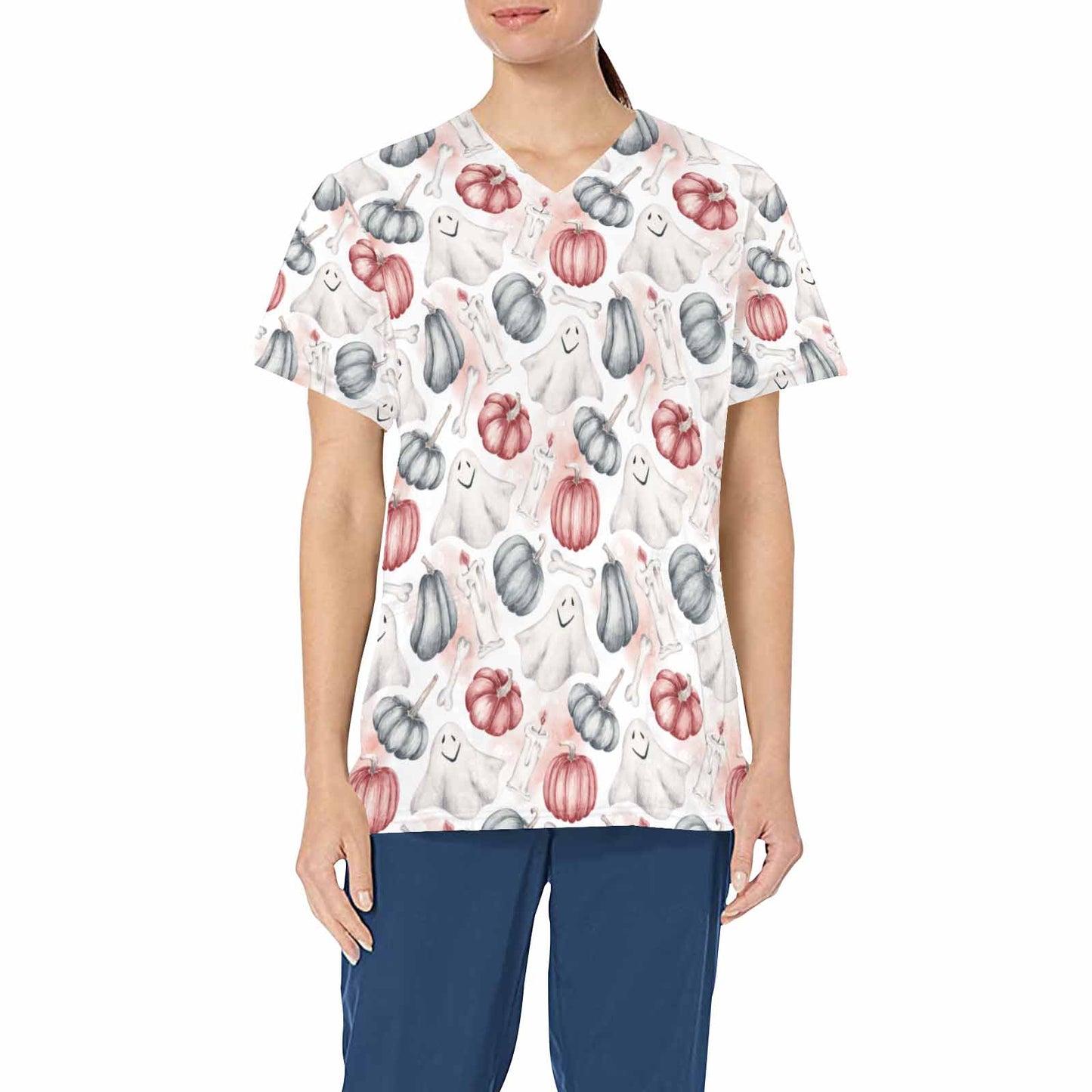 Watercolour Halloween Ghosts  Women's V Neck Scrub Top Nurse Uniform with Deep Front Pockets