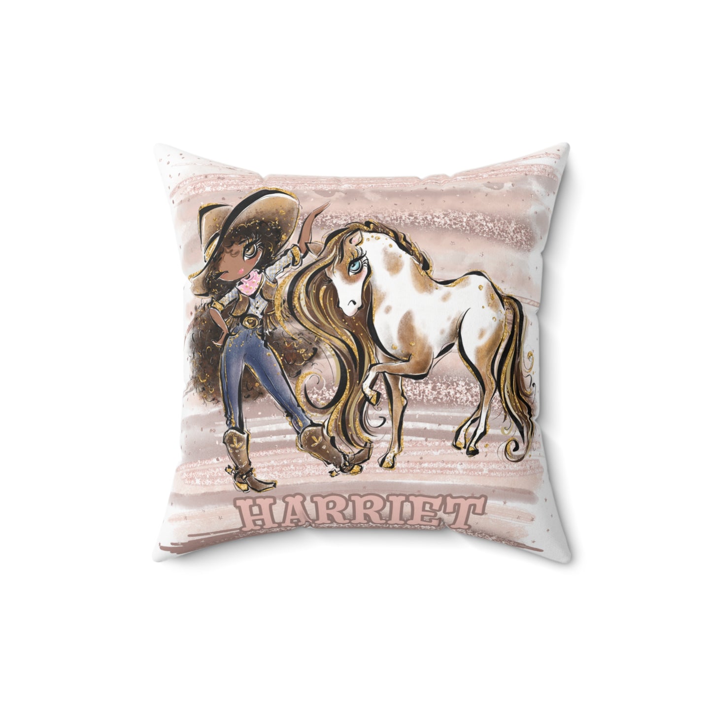 Personalised Cowgirl and Horse Cushion,  Brown Curly Hair, Olive Skin, Brown Eyes, Polyester Square Cushion, Christmas cushion