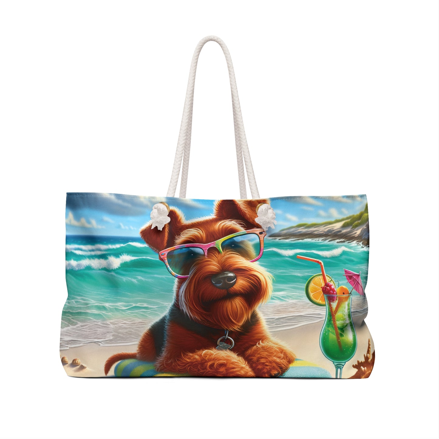 Personalised/Non-Personalised Weekender Bag, Summer Beach Dog, Irish Terrier, Large Weekender Bag, Beach Bag, Book Bag