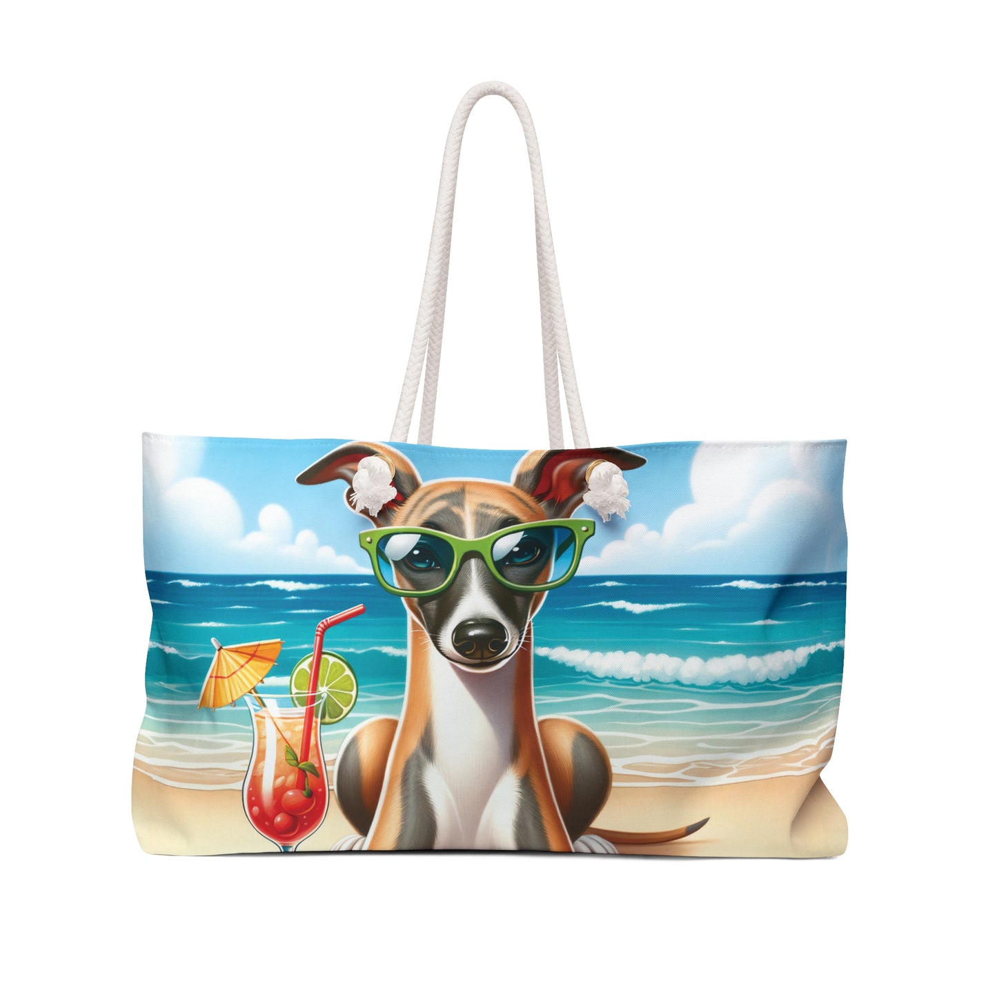 Personalised/Non-Personalised Weekender Bag, Summer Beach Dog, Whippet, Large Weekender Bag, Beach Bag, Book Bag