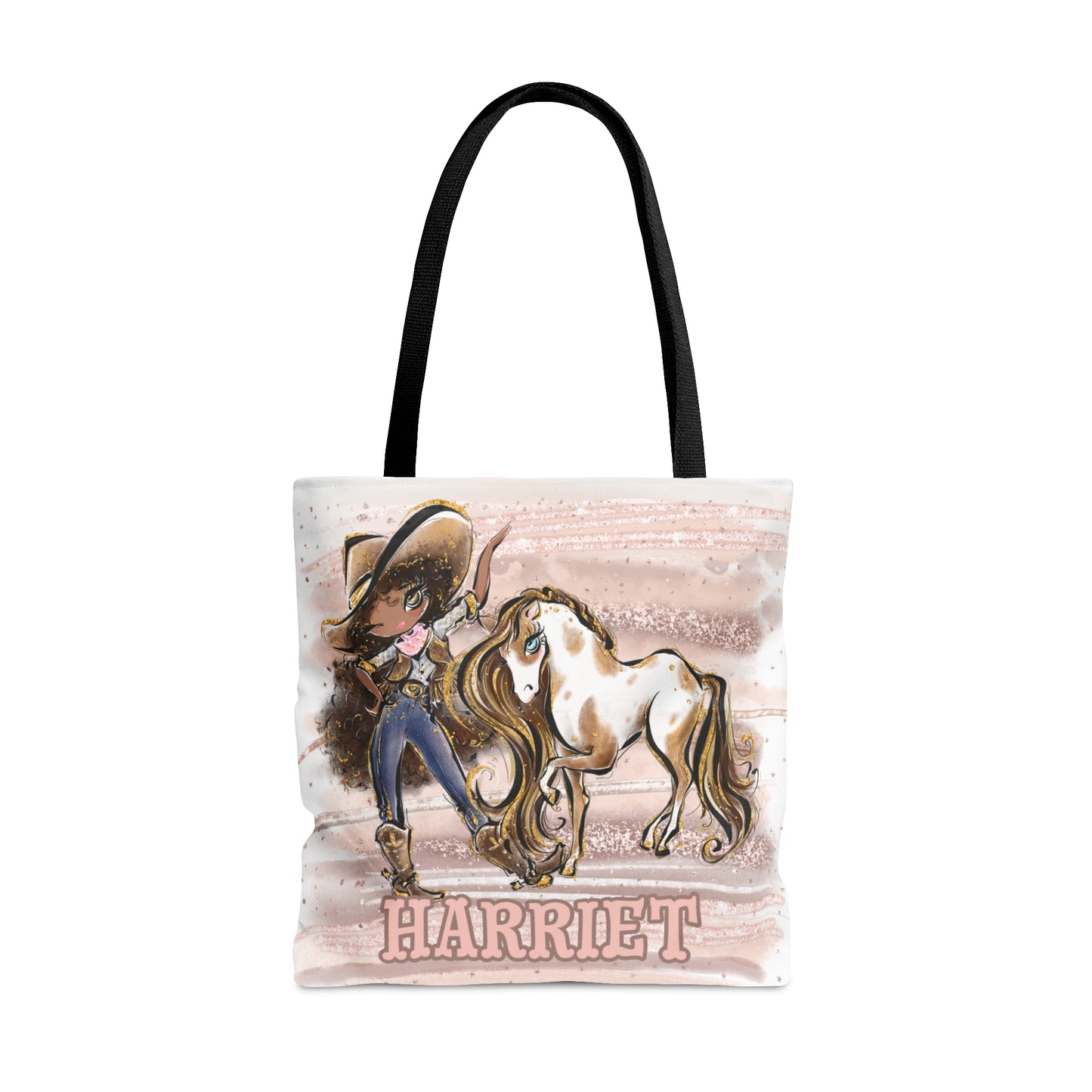 Personalised Tote Bag, Cowgirl & Horse, Brown Curly Hair, Olive Skin, Brown Eyes, Tote bag