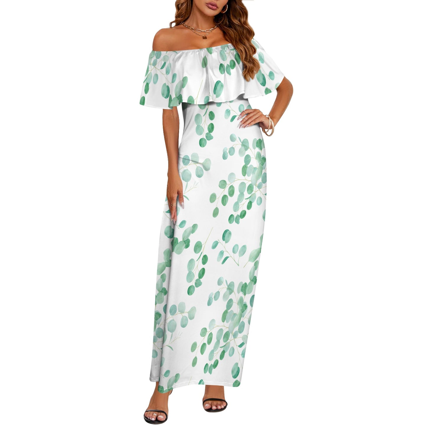 Australian Eucalyptus Leaves Women's Off Shoulder Ruffle Boat Neck Dress (Model D71)