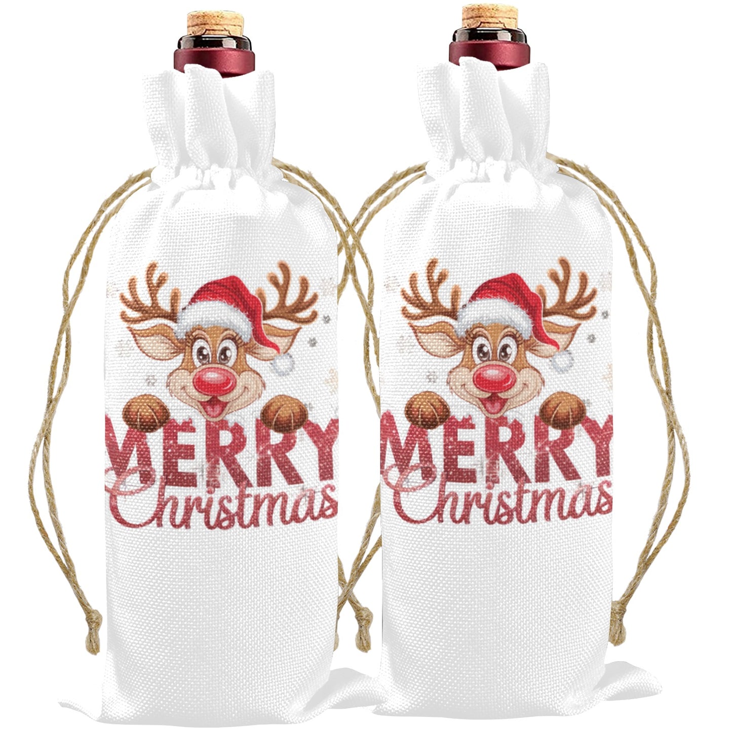 Merry Christmas Reindeer Linen Wine Bottle Bag