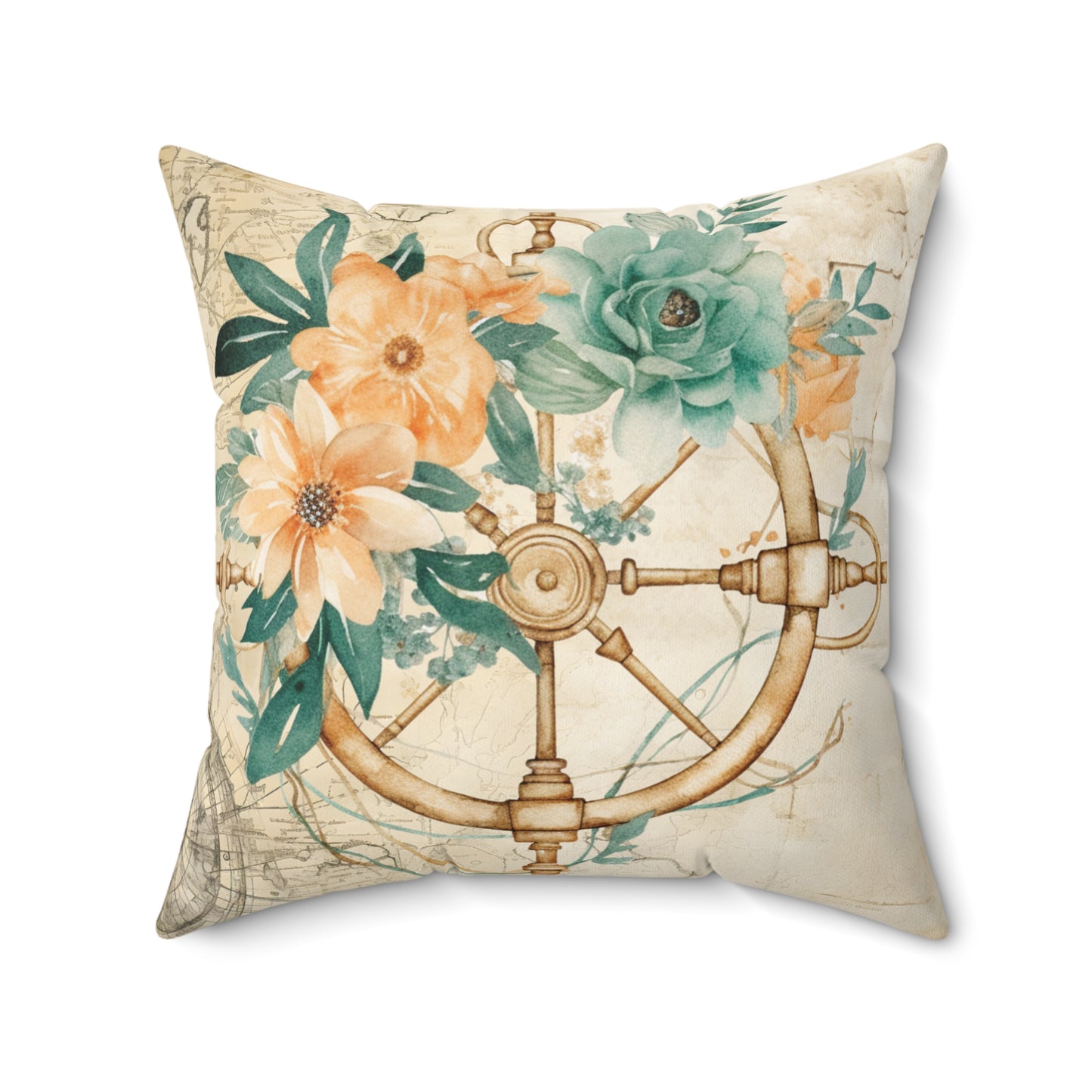 Nautical Polyester Square Cushion, Nautical cushion, Natural Ships Wheel