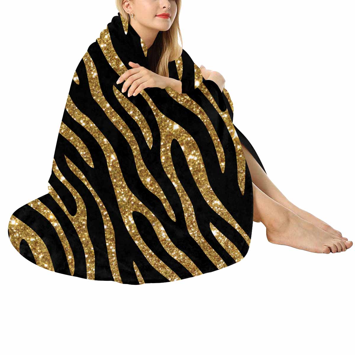 Black and Gold Glitter Leopard Print  Circular Micro Fleece Blanket 47"