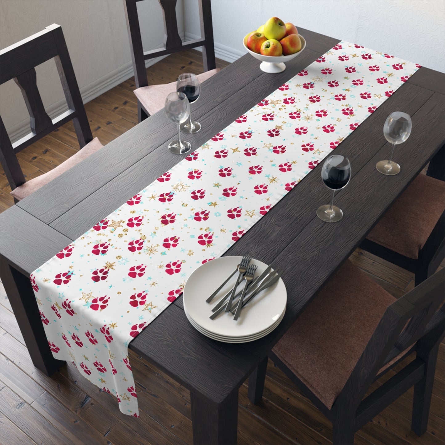 Doggie Paws Christmas Table Runner, Cotton Twill and Poly Available