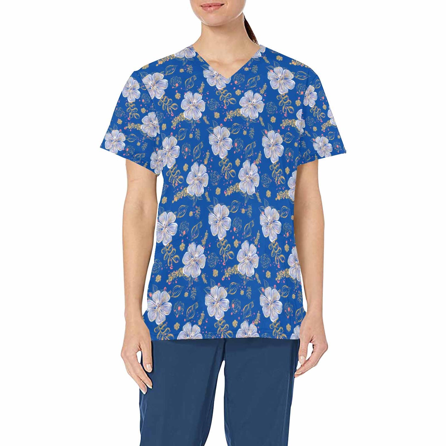 Blue Floral  Women's V Neck Scrub Top Nurse Uniform with Deep Front Pockets