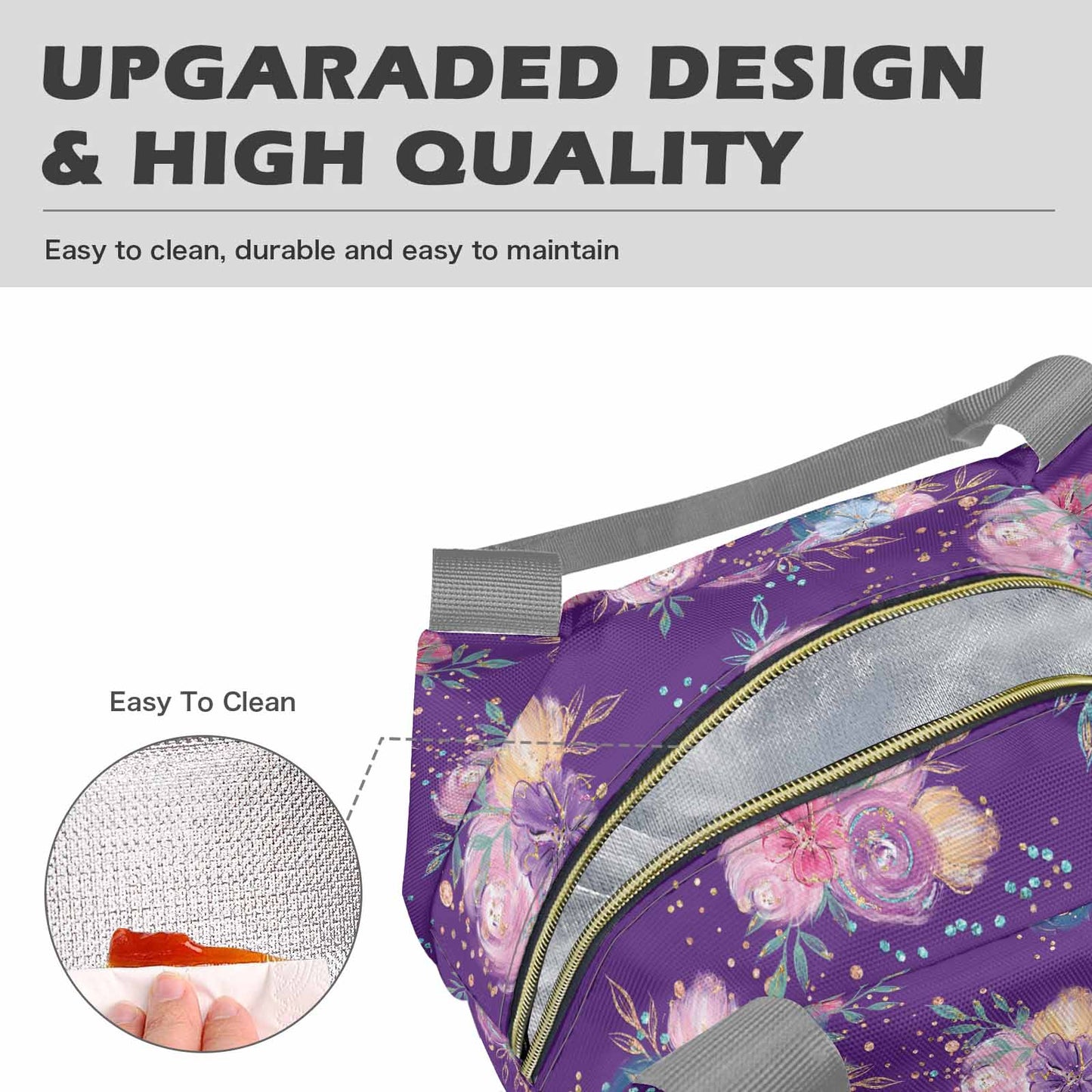 Purple Floral  Portable Lunch Bag-Grey Handle