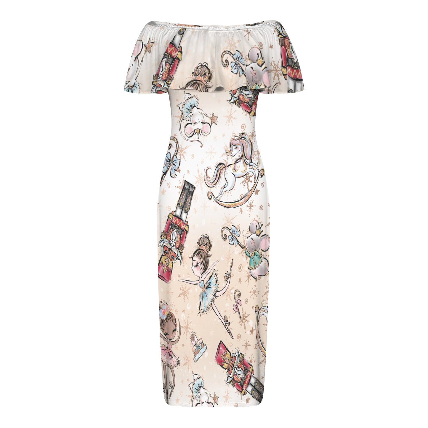 Nutcracker Women's Off Shoulder Ruffle Boat Neck Dress (Model D71)
