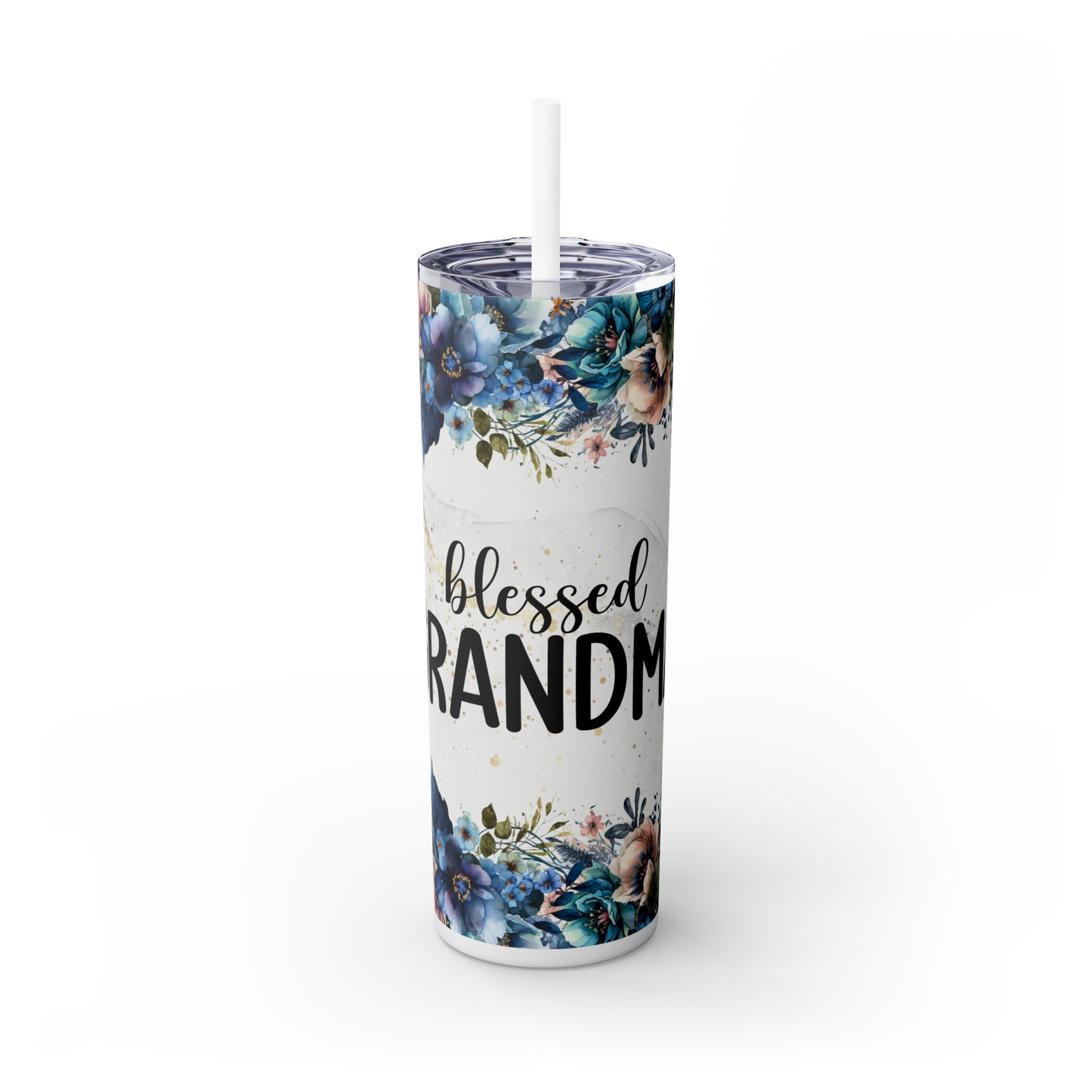 Skinny Tumbler with Straw, 20oz, Floral, Quote, Blessed Grandma, awd-729