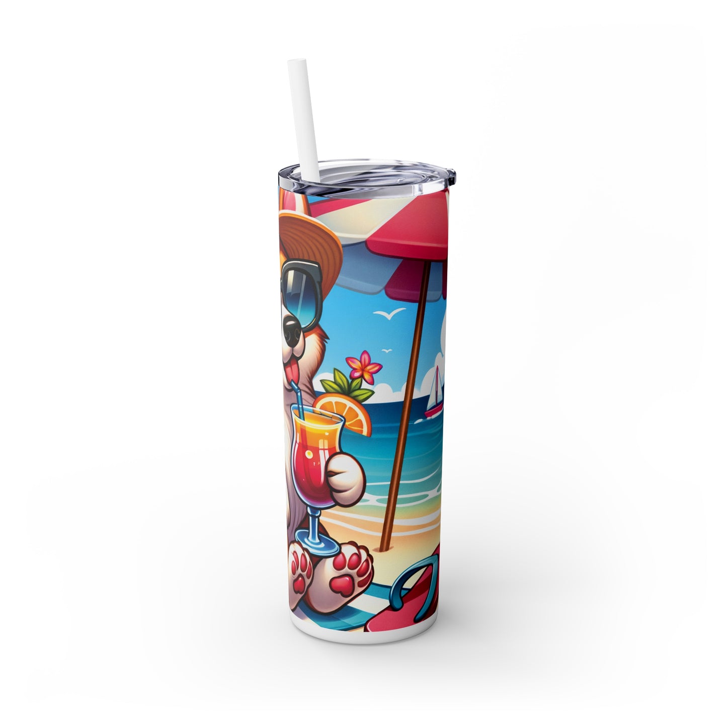 Skinny Tumbler with Straw, 20oz, Dog on Beach, Corgi, awd-1207