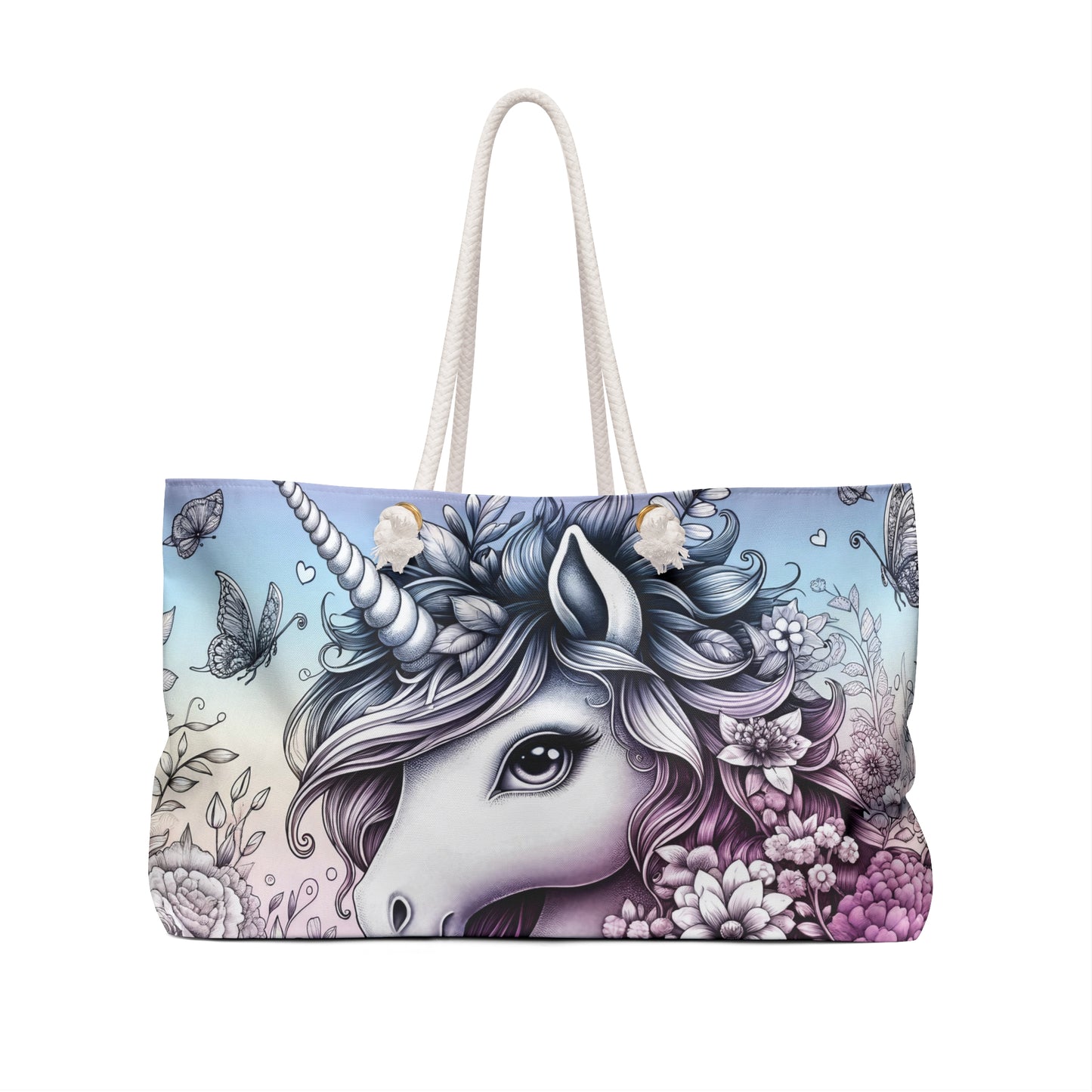 Personalised/Non-Personalised Weekender Bag, Unicorn, Butterflies, Large Weekender Bag, Beach Bag, Book Bag