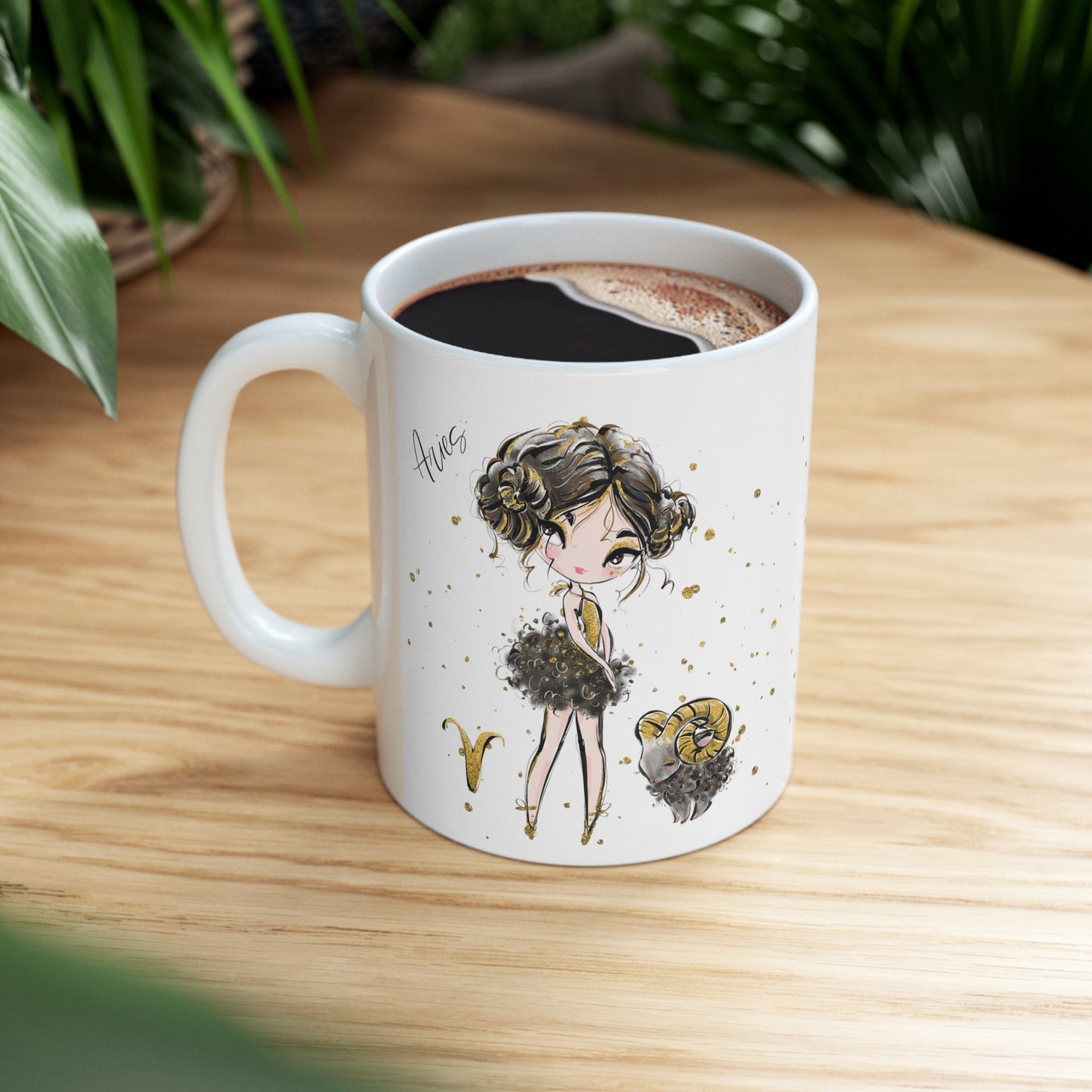 Personalised/Non Personalised Zodiac Sign, Aries, Ceramic Mug 11oz - Brunette Hair - Brown Eyes