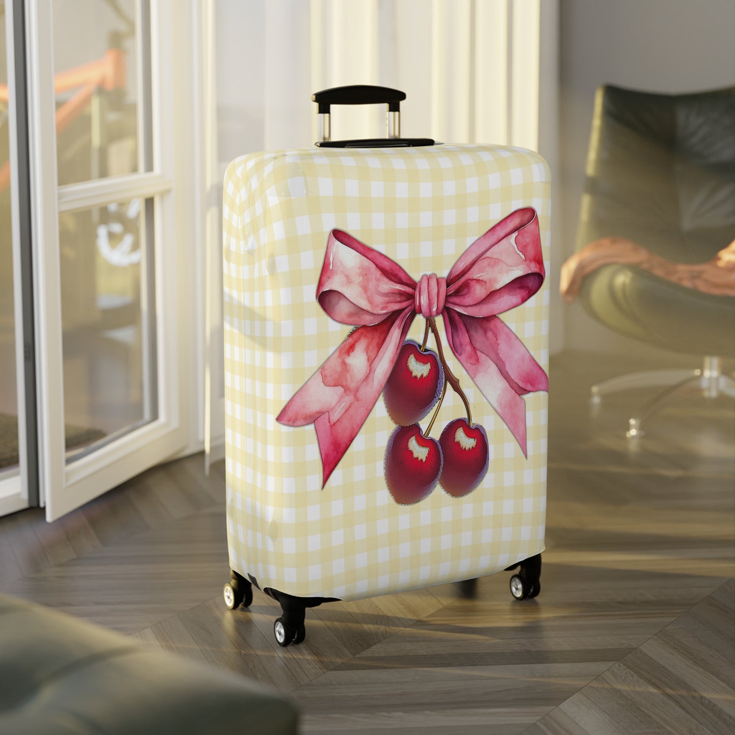 Luggage Cover, Rockabilly, Coquette, Lemon Gingham, Cherries and Ribbon, awd-2509