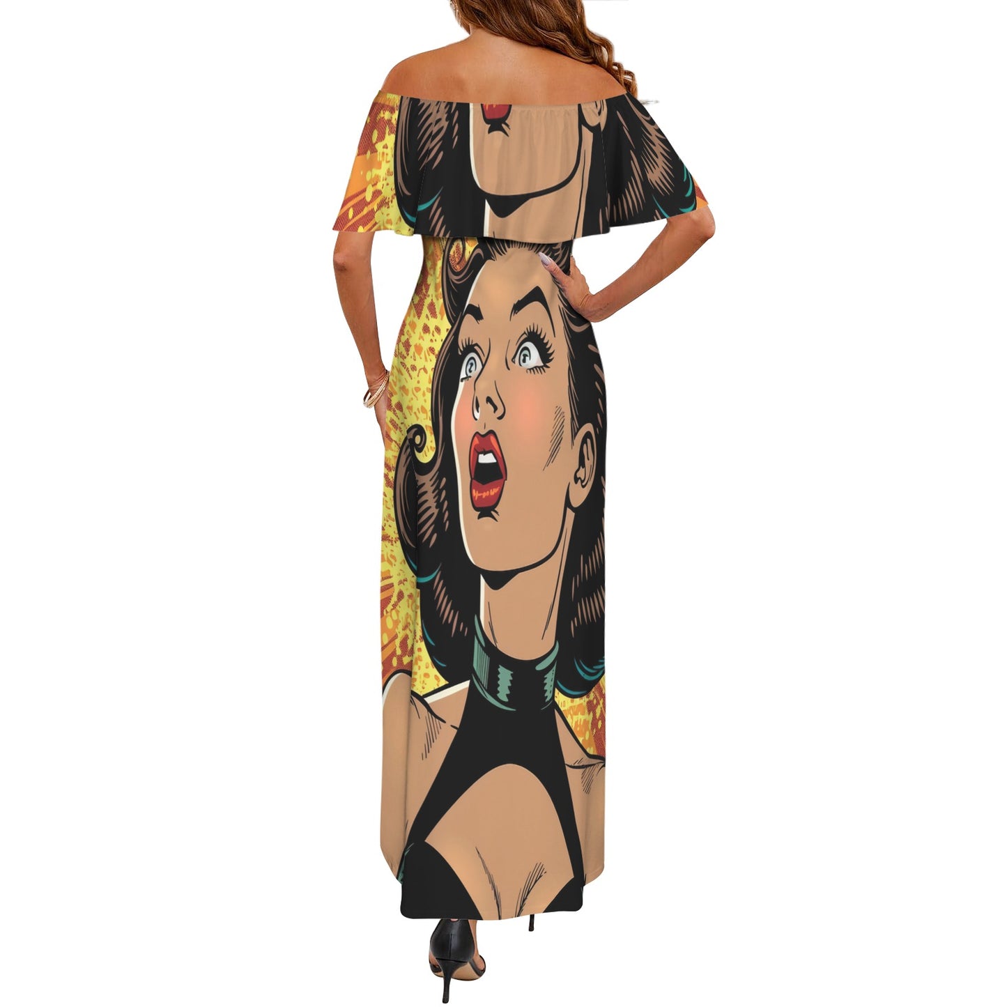 Pop Art awd709 Women's Off Shoulder Ruffle Boat Neck Dress (Model D71)
