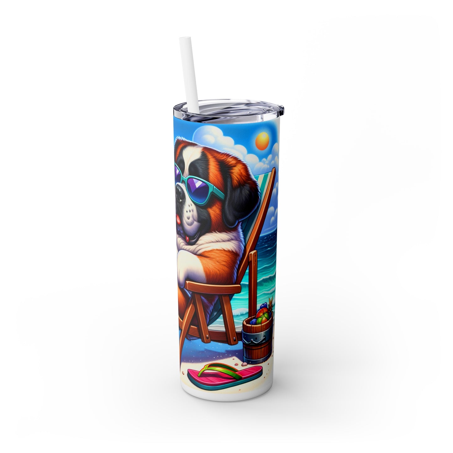 Skinny Tumbler with Straw, 20oz, Dog on Beach, St Bernard, awd-1246